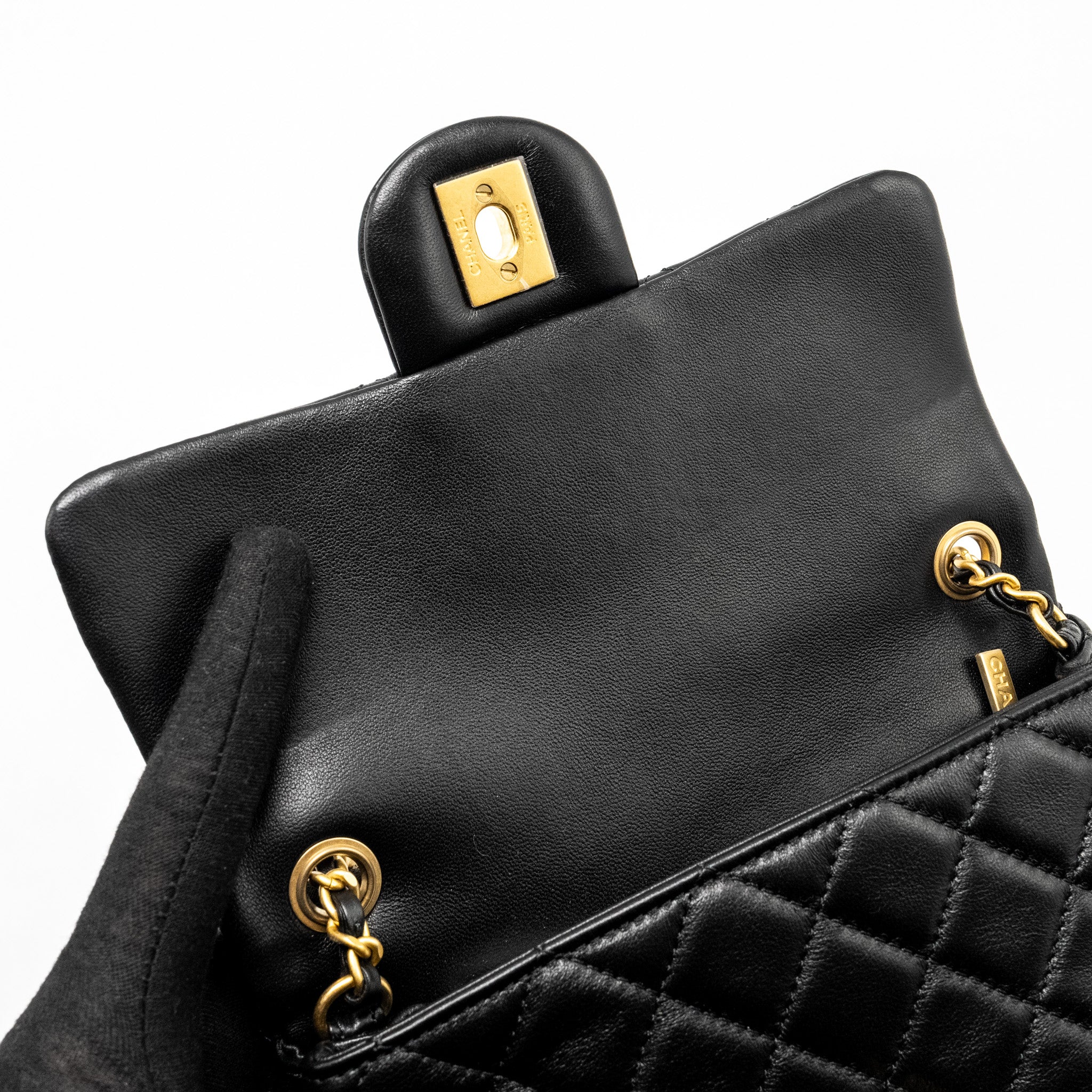 CHANEL PEARL CRUSH MINI RECTANGULAR FLAP BAG LAMBSKIN BLACK GHW (MICROCHIP)