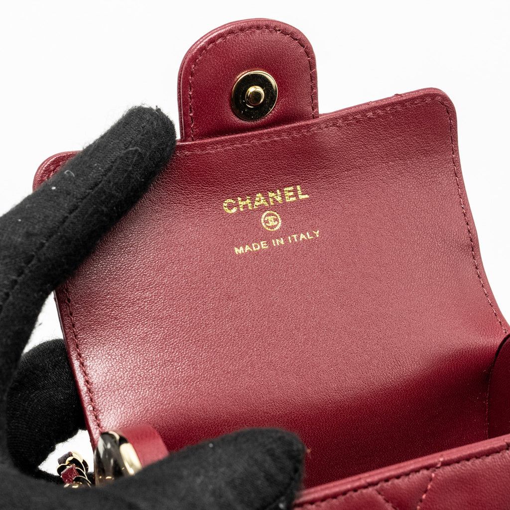 CHANEL QUILTED BOX OF SECRETS LIPSTICK CASE / CARD HOLDER WITH CHAIN LAMBSKIN BURGUNDY GHW