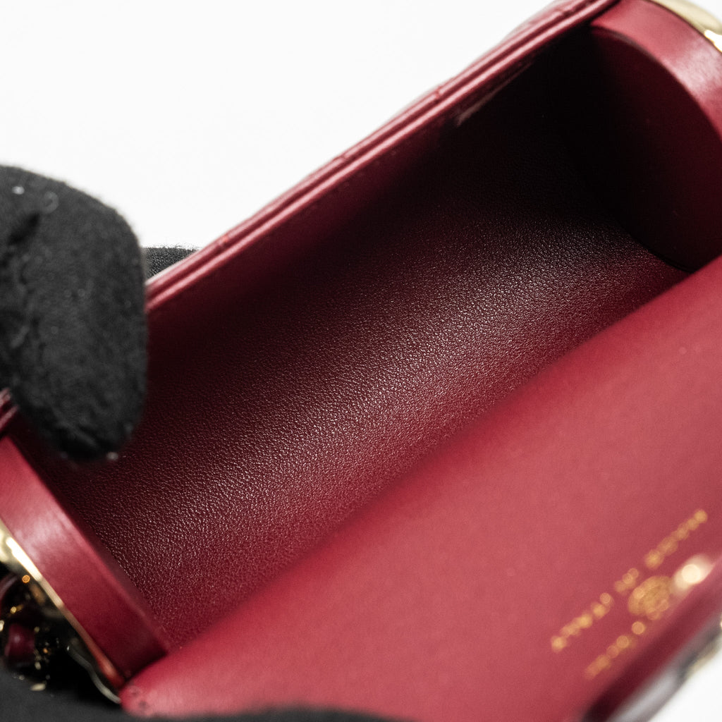 CHANEL QUILTED BOX OF SECRETS LIPSTICK CASE / CARD HOLDER WITH CHAIN LAMBSKIN BURGUNDY GHW
