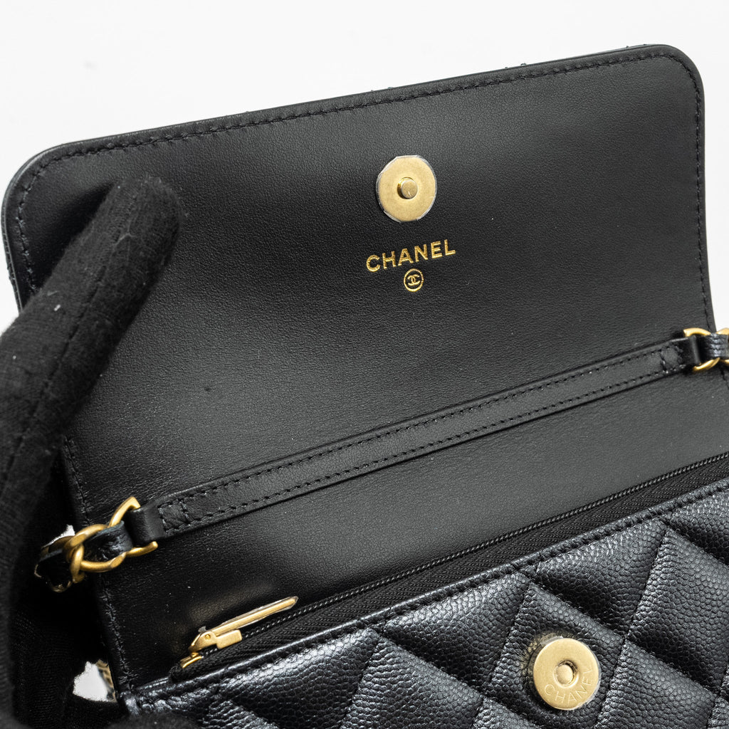 CHANEL 23B MINI FLAP WALLET WITH ADJUSTABLE CHAIN CAVIAR IRIDESCENT BLACK GHW (MICROCHIP)
