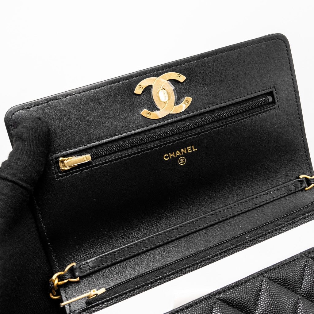 CHANEL CAMELLIA WALLET ON CHAIN CAVIAR BLACK GHW (MICROCHIP)
