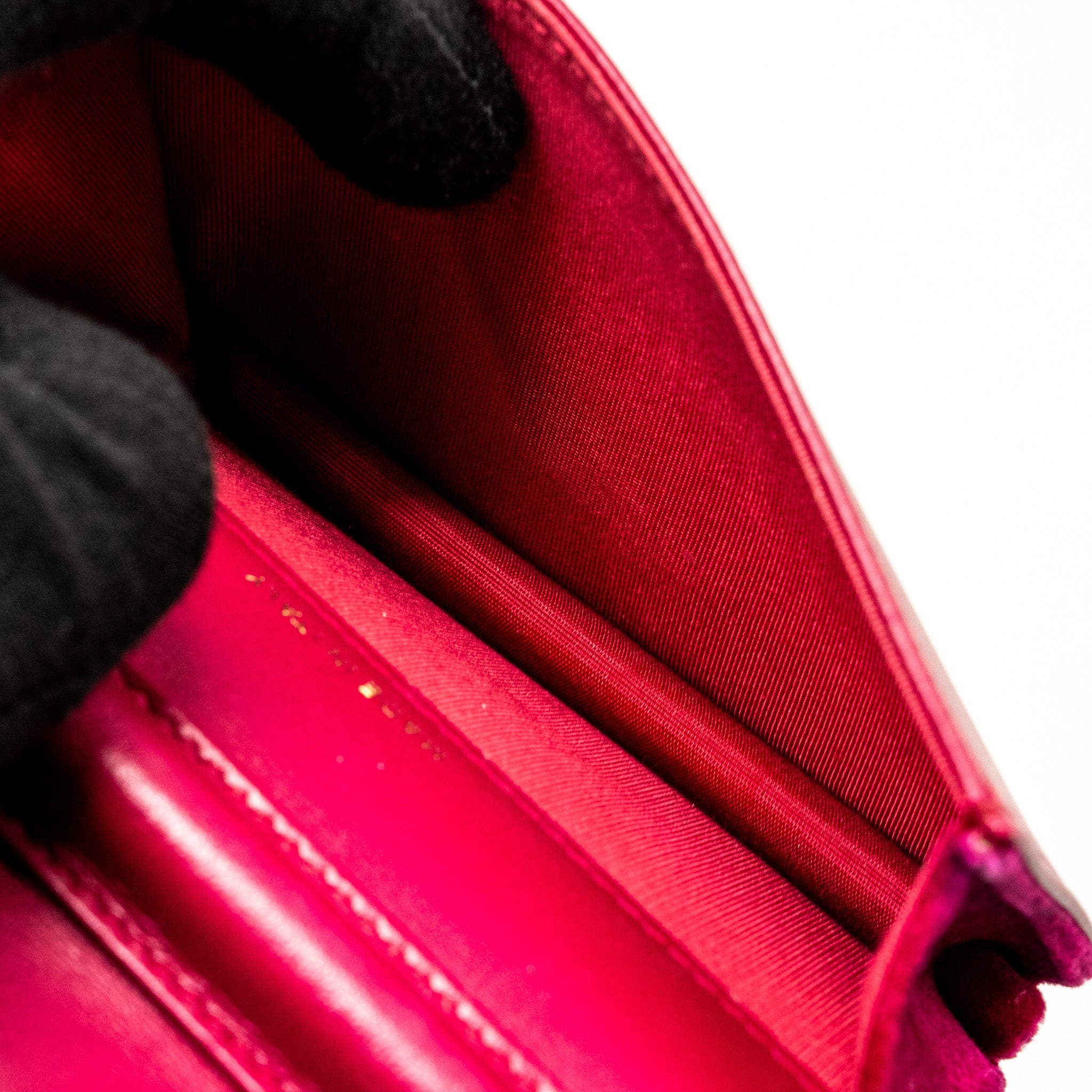CHANEL 21A MINI CAMELIA FLAP BAG VELVET FUSHIA GHW