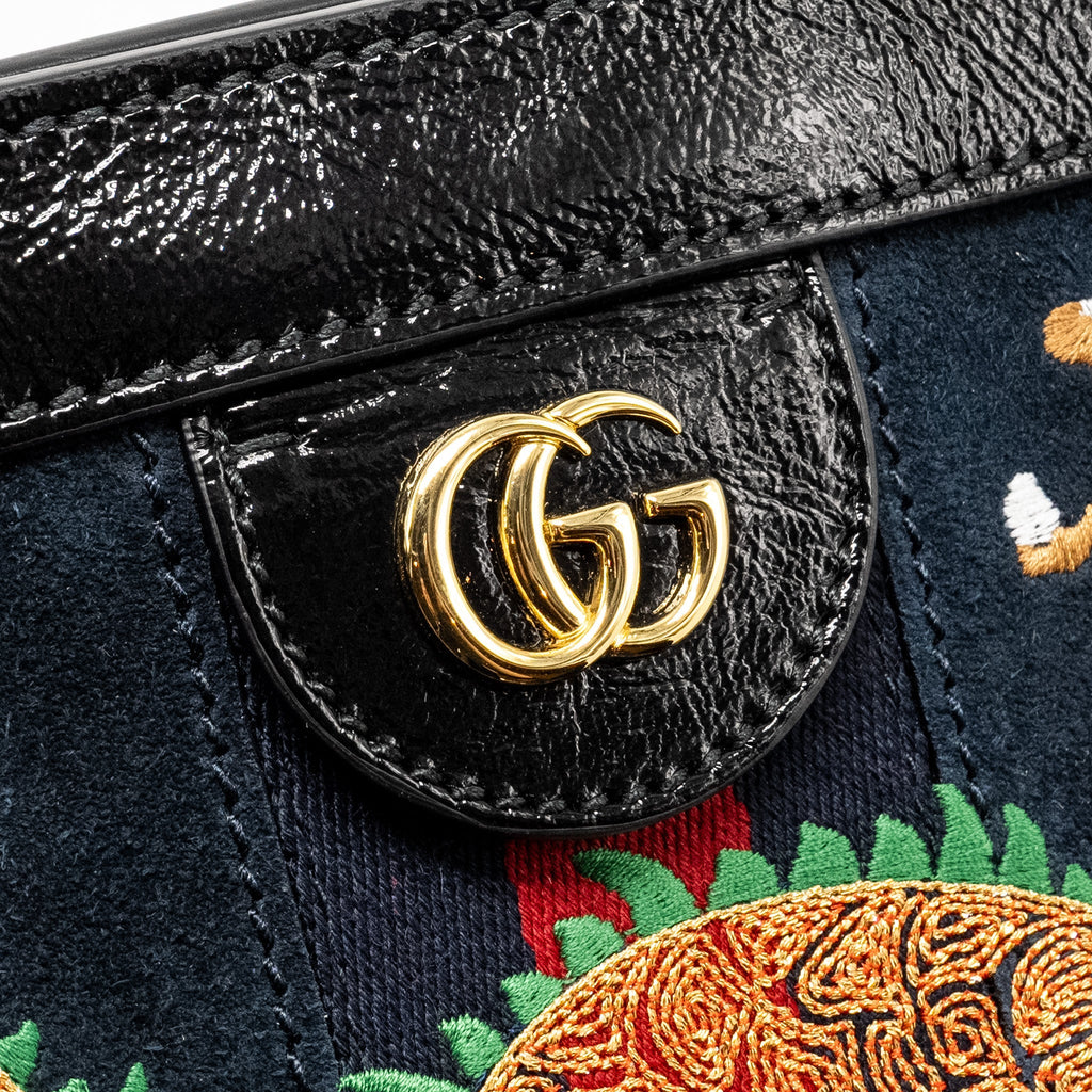 GUCCI OPHIDIA CHAIN BAG DRAGON EMBROIDERED SUEDE BLUE/BLACK/MULTICOLOUR GHW