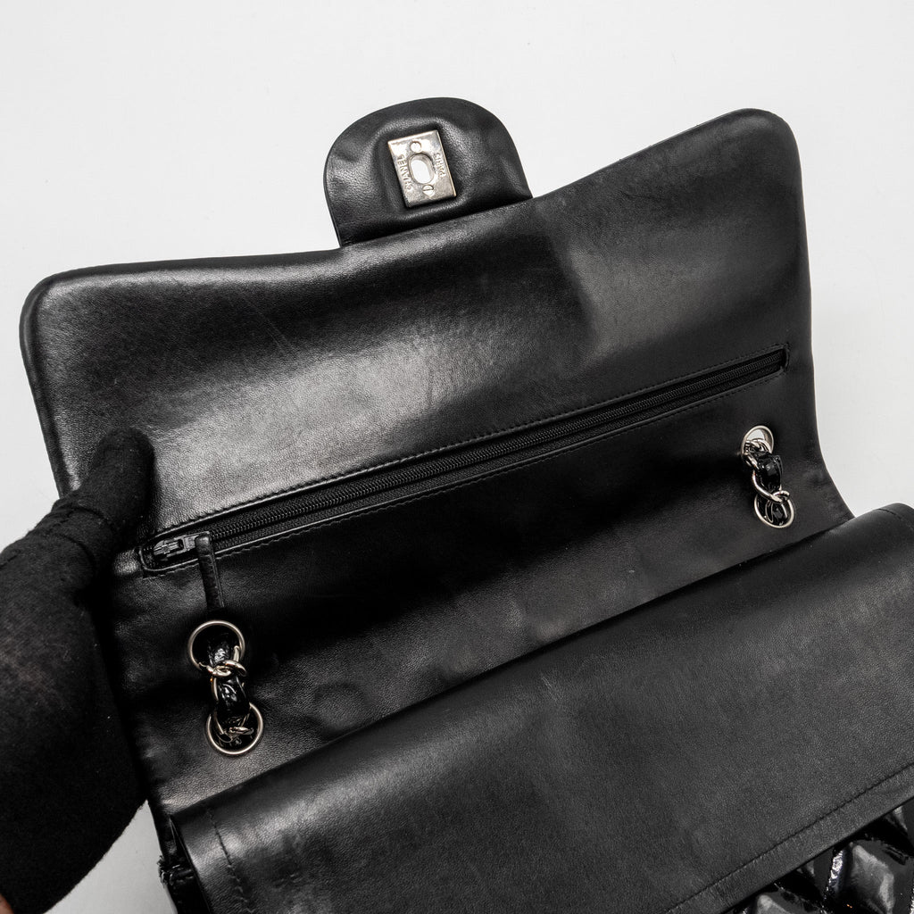 CHANEL JUMBO CLASSIC DOUBLE FLAP BAG PATENT BLACK SHW