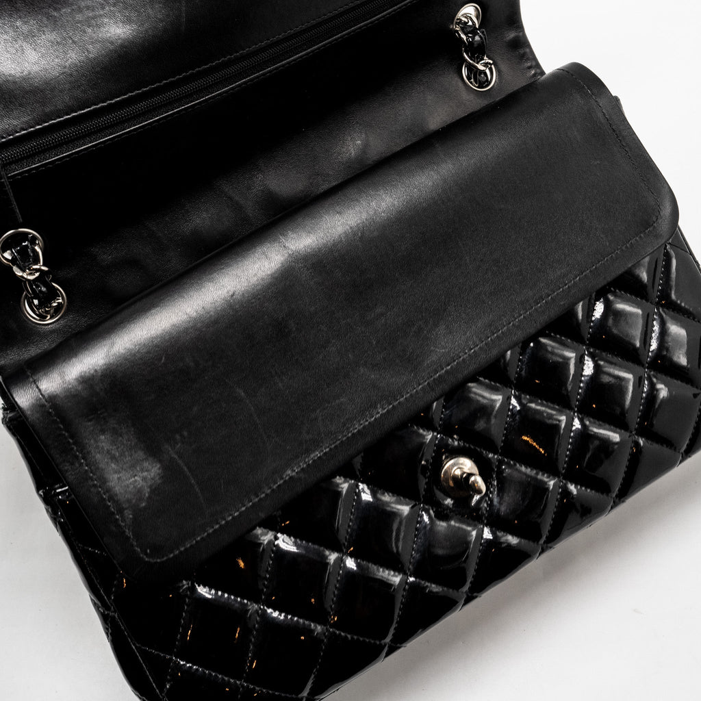 CHANEL JUMBO CLASSIC DOUBLE FLAP BAG PATENT BLACK SHW