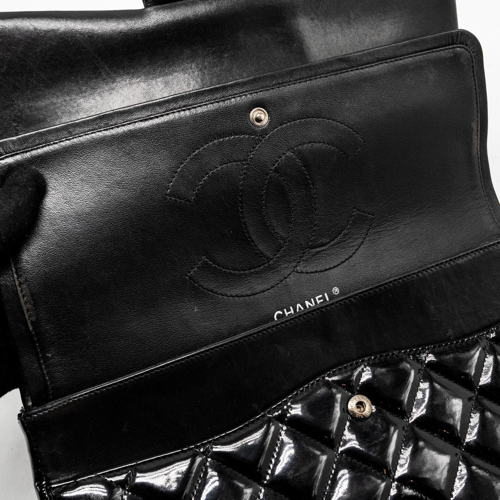 CHANEL JUMBO CLASSIC DOUBLE FLAP BAG PATENT BLACK SHW