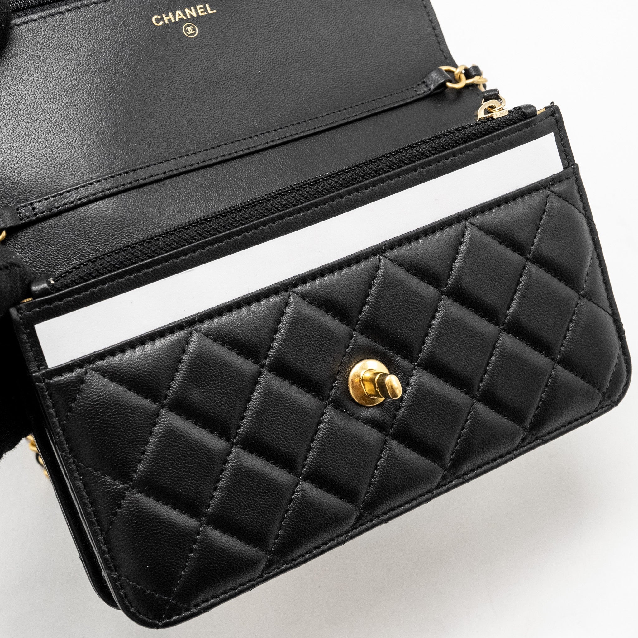 CHANEL PEARL CRUSH WALLET ON CHAIN LAMBSKIN BLACK GHW (MICROCHIP)