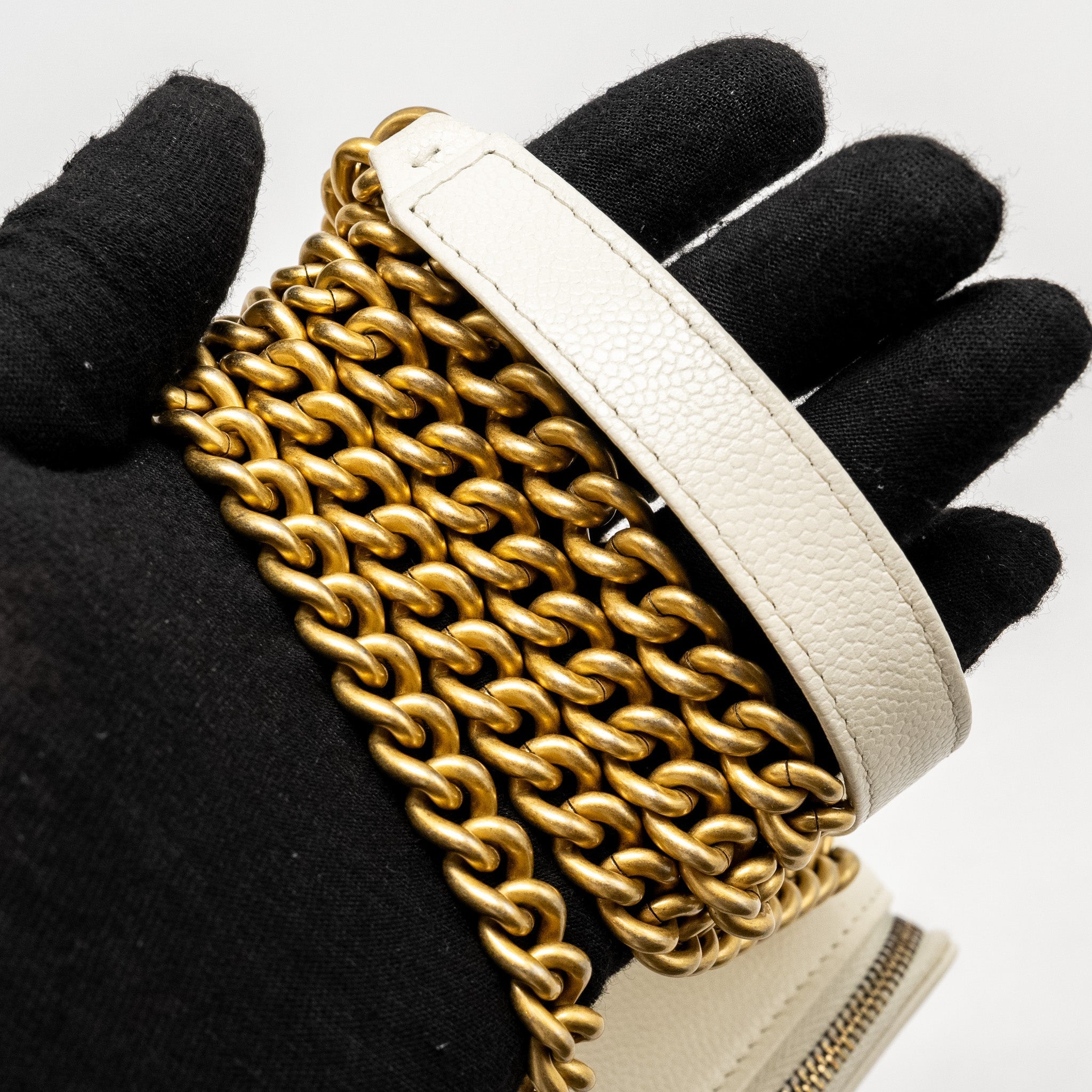 CHANEL BOY CHAIN CLUTCH CAVIAR WHITE GHW (MICROCHIP)