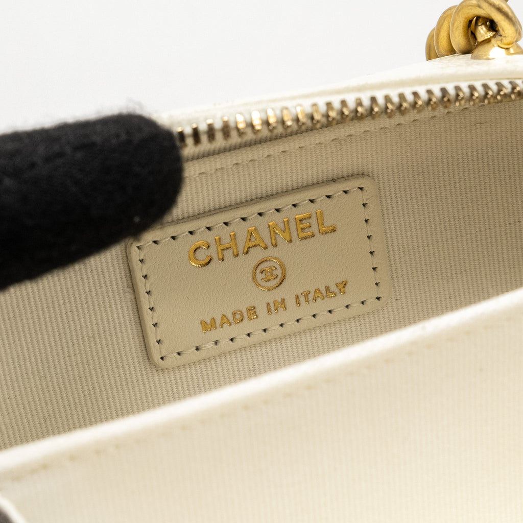 CHANEL BOY CHAIN CLUTCH CAVIAR WHITE GHW (MICROCHIP)