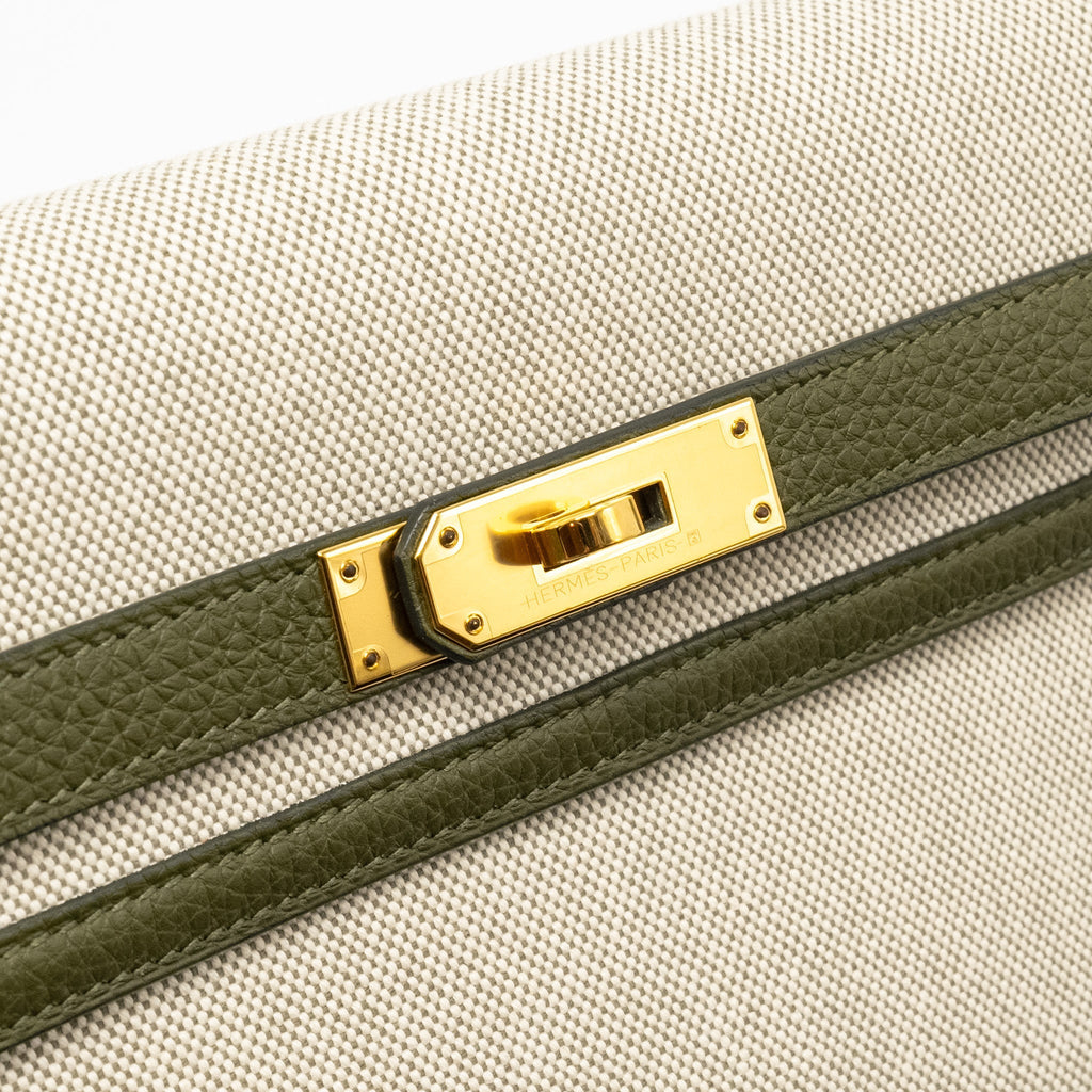 HERMES POCHETTE KELLY DEPECHES 25 CANVAS / TOGO ECRU BEIGE / VERT OLIVE GHW