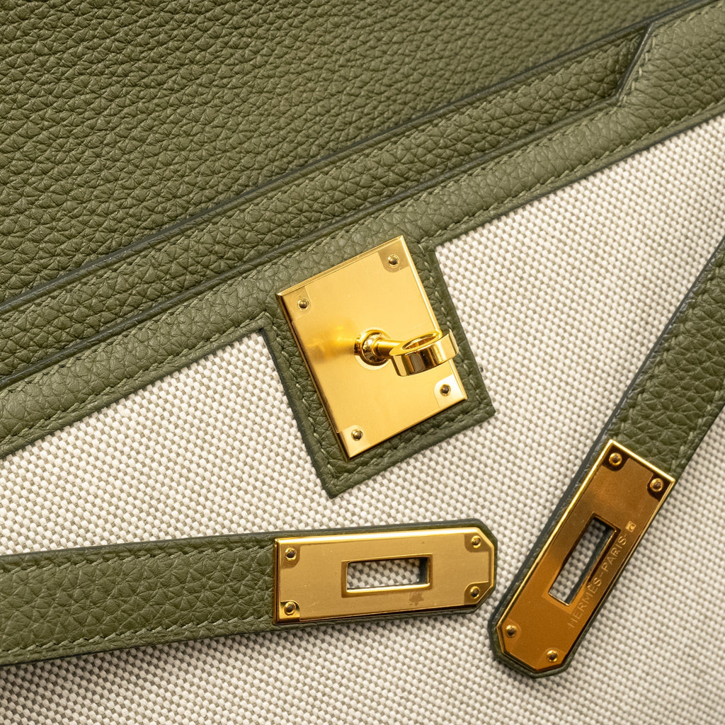 HERMES POCHETTE KELLY DEPECHES 25 CANVAS / TOGO ECRU BEIGE / VERT OLIVE GHW
