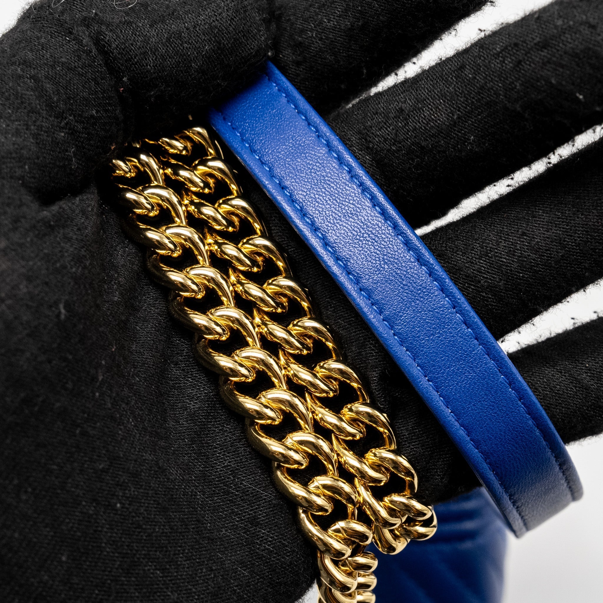 CHANEL BOY CLUTCH WITH CHAIN  CHERVON LAMBSKIN BLUE GHW