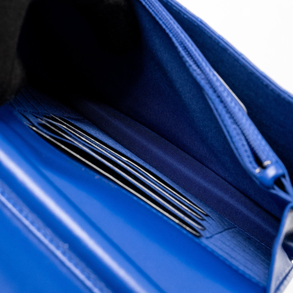 CHANEL BOY CLUTCH WITH CHAIN  CHERVON LAMBSKIN BLUE GHW