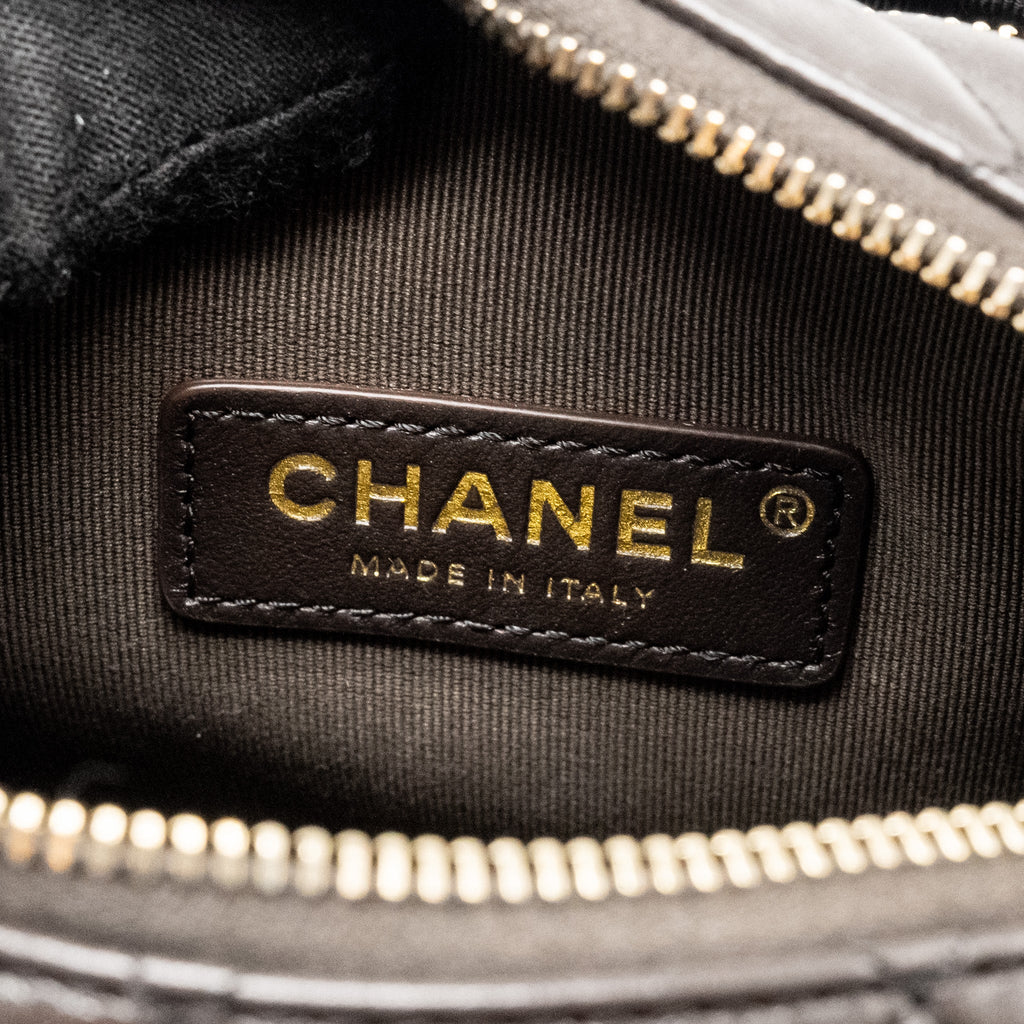 CHANEL 24K SMALL CAMERA CASE BAG SHINY CRUMPLED LAMBSKIN DARK BROWN LGHW (MICROCHIP)