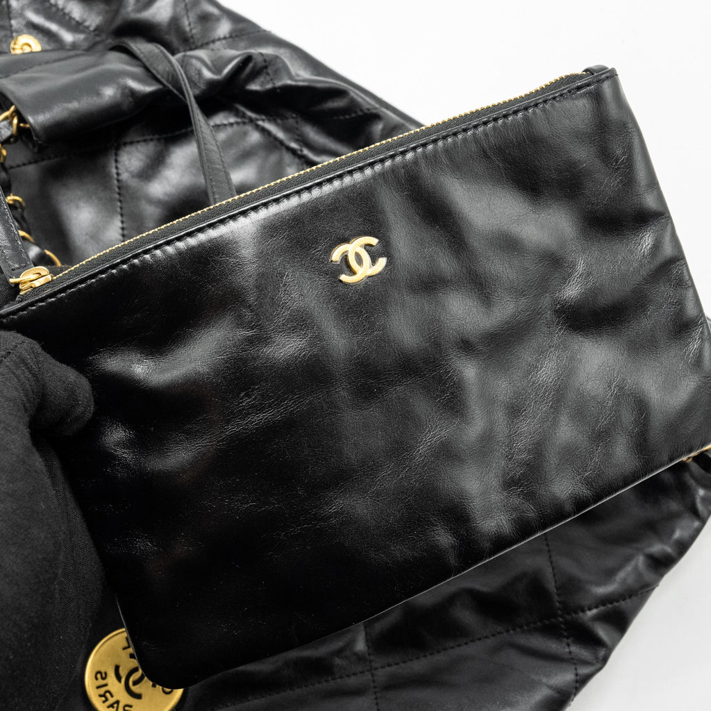 CHANEL SMALL 22 BAG SHINY CALFSKIN BLACK GHW (MICROCHIP)