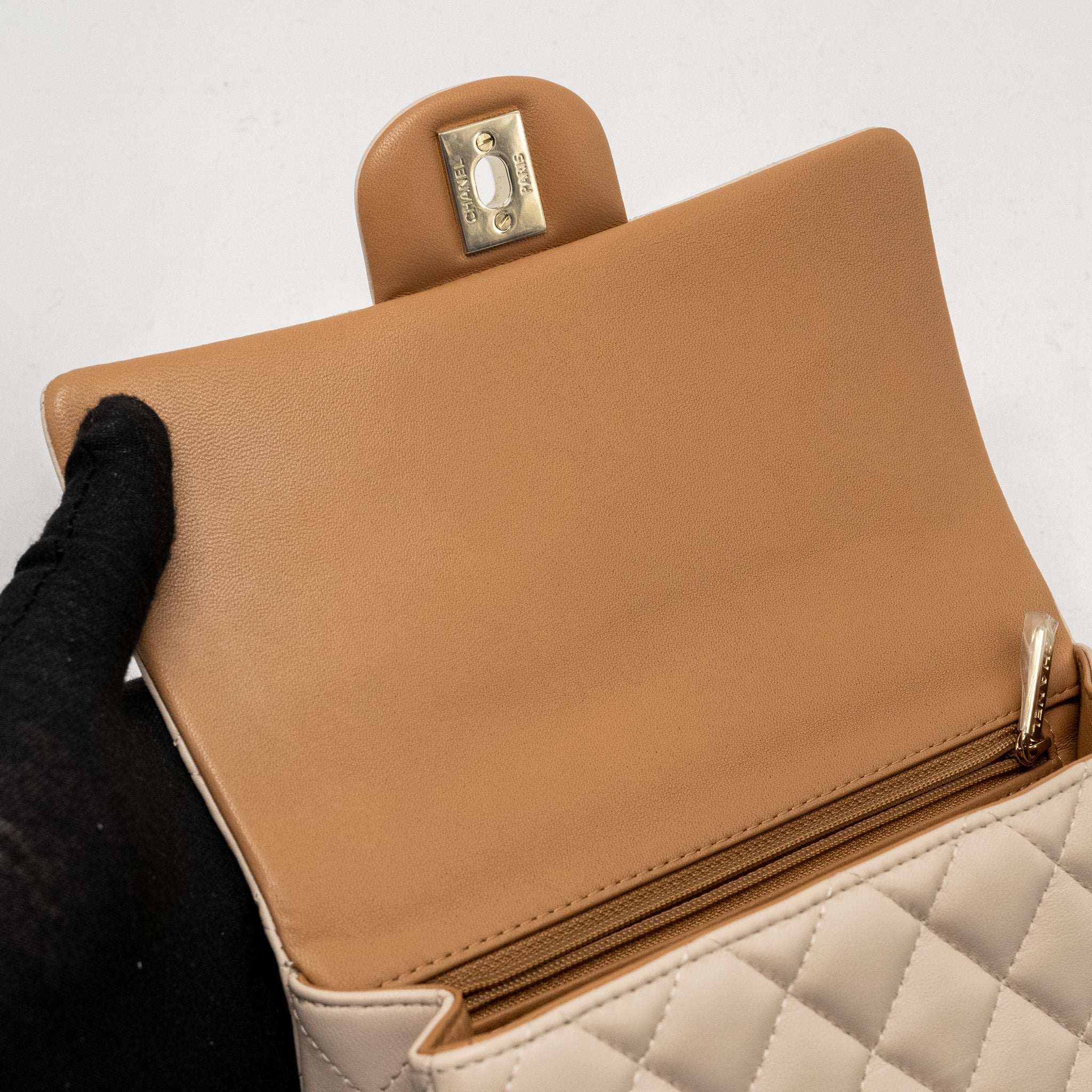 CHANEL TOP HANDLE MINI RECTANGULAR FLAP BAG LAMBSKIN ECRU/DARK BEIGE LGHW(MICROCHIP)