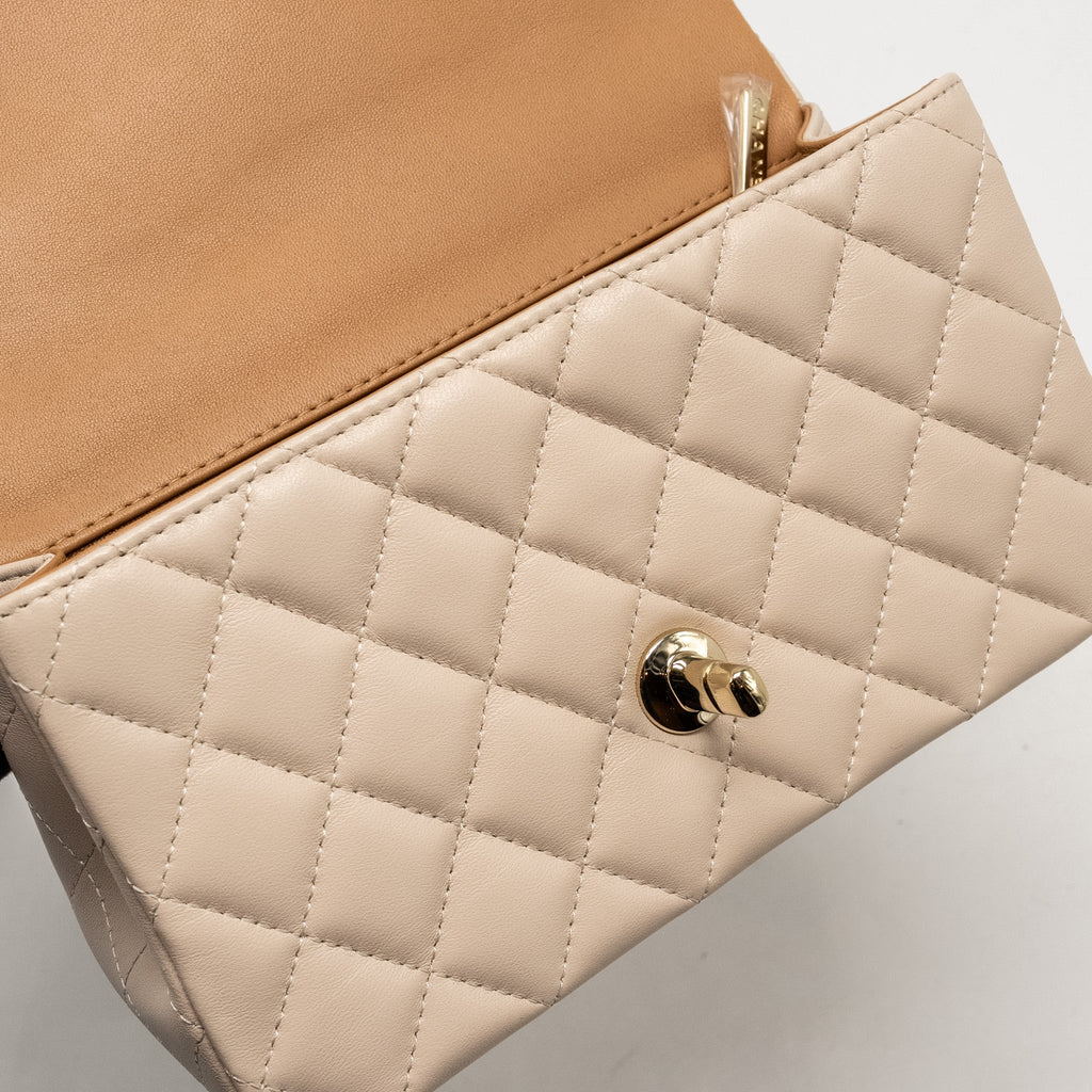 CHANEL TOP HANDLE MINI RECTANGULAR FLAP BAG LAMBSKIN ECRU/DARK BEIGE LGHW(MICROCHIP)