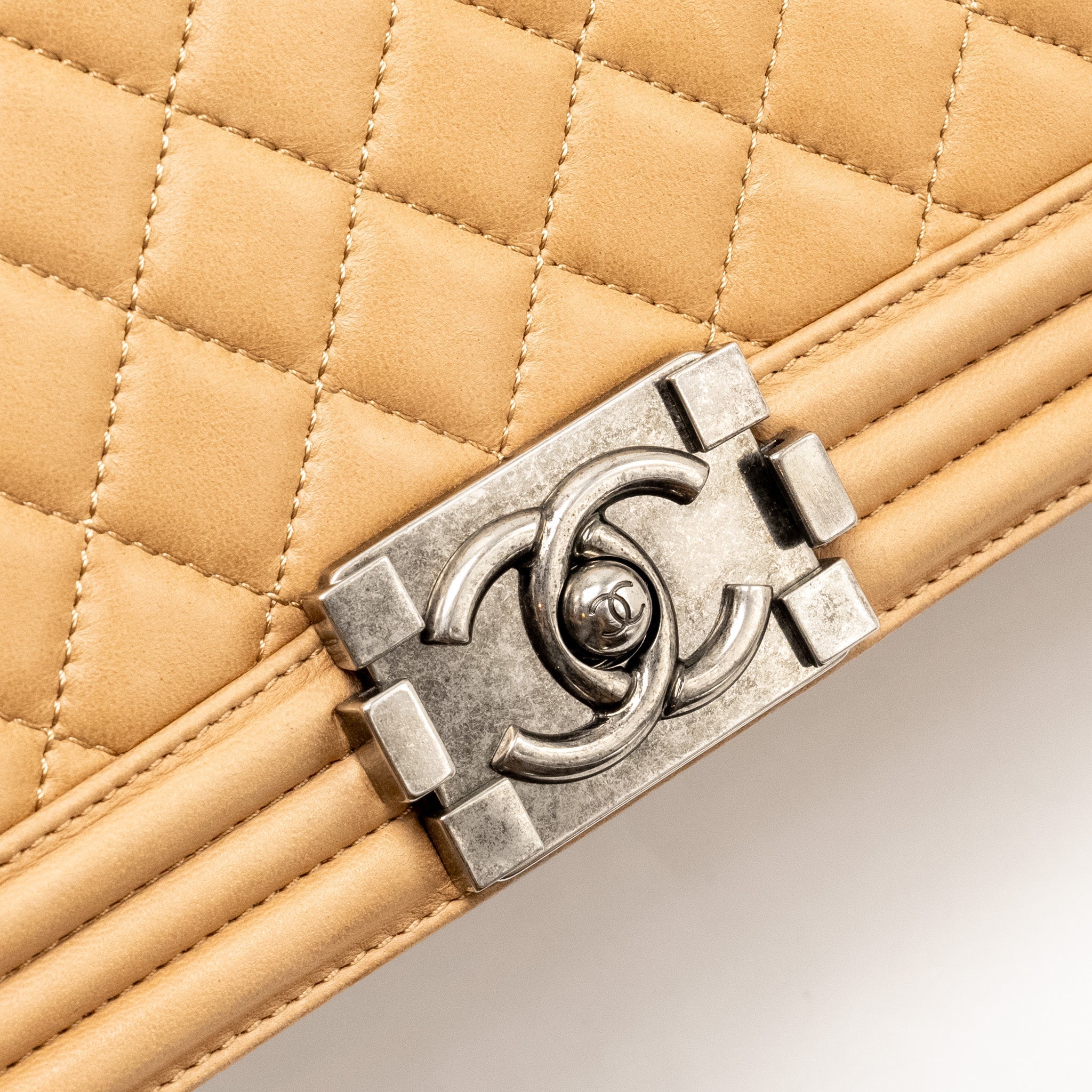 CHANEL LARGE BOY BAG LAMBSKIN BEIGE RUTHENIUM HARDWARE