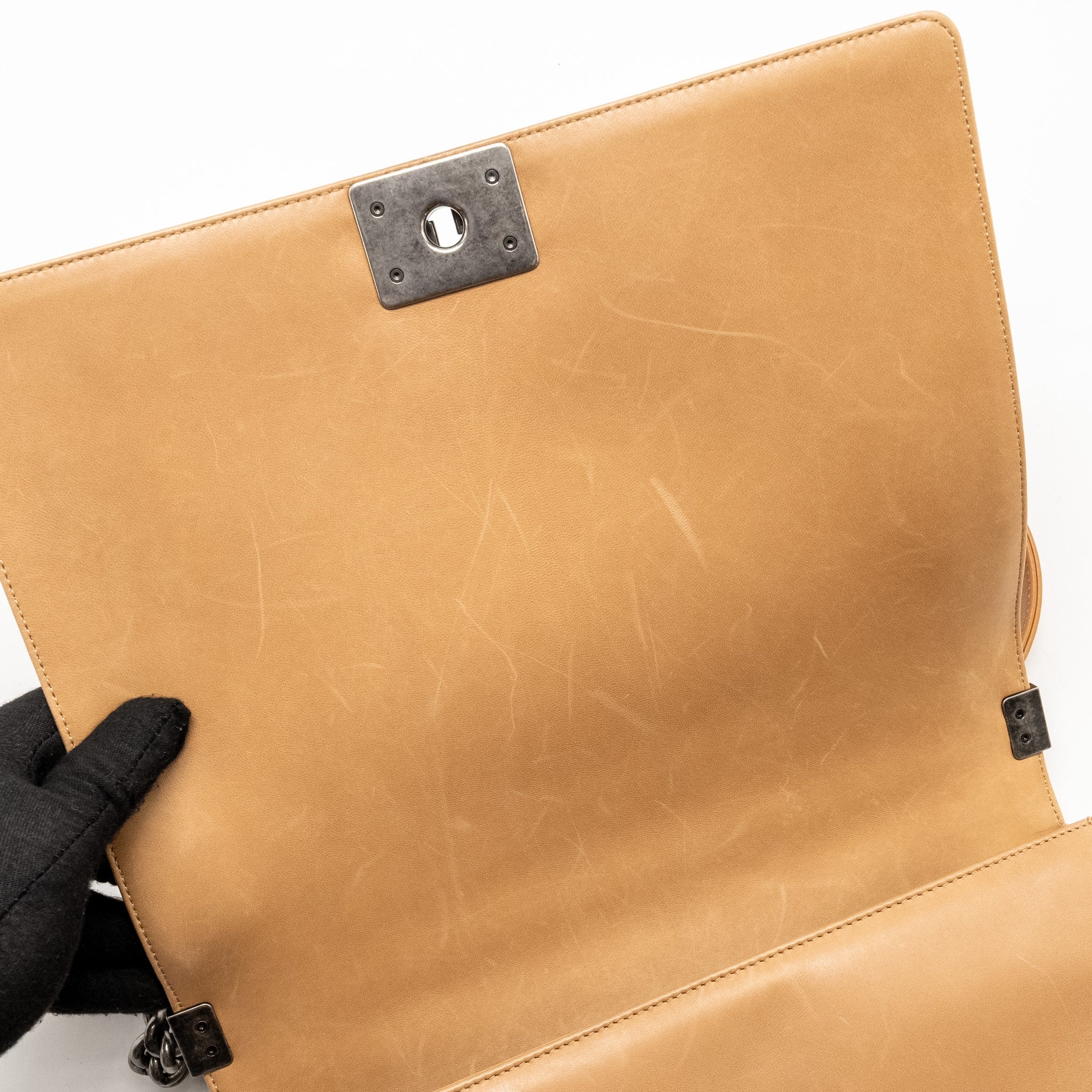 CHANEL LARGE BOY BAG LAMBSKIN BEIGE RUTHENIUM HARDWARE