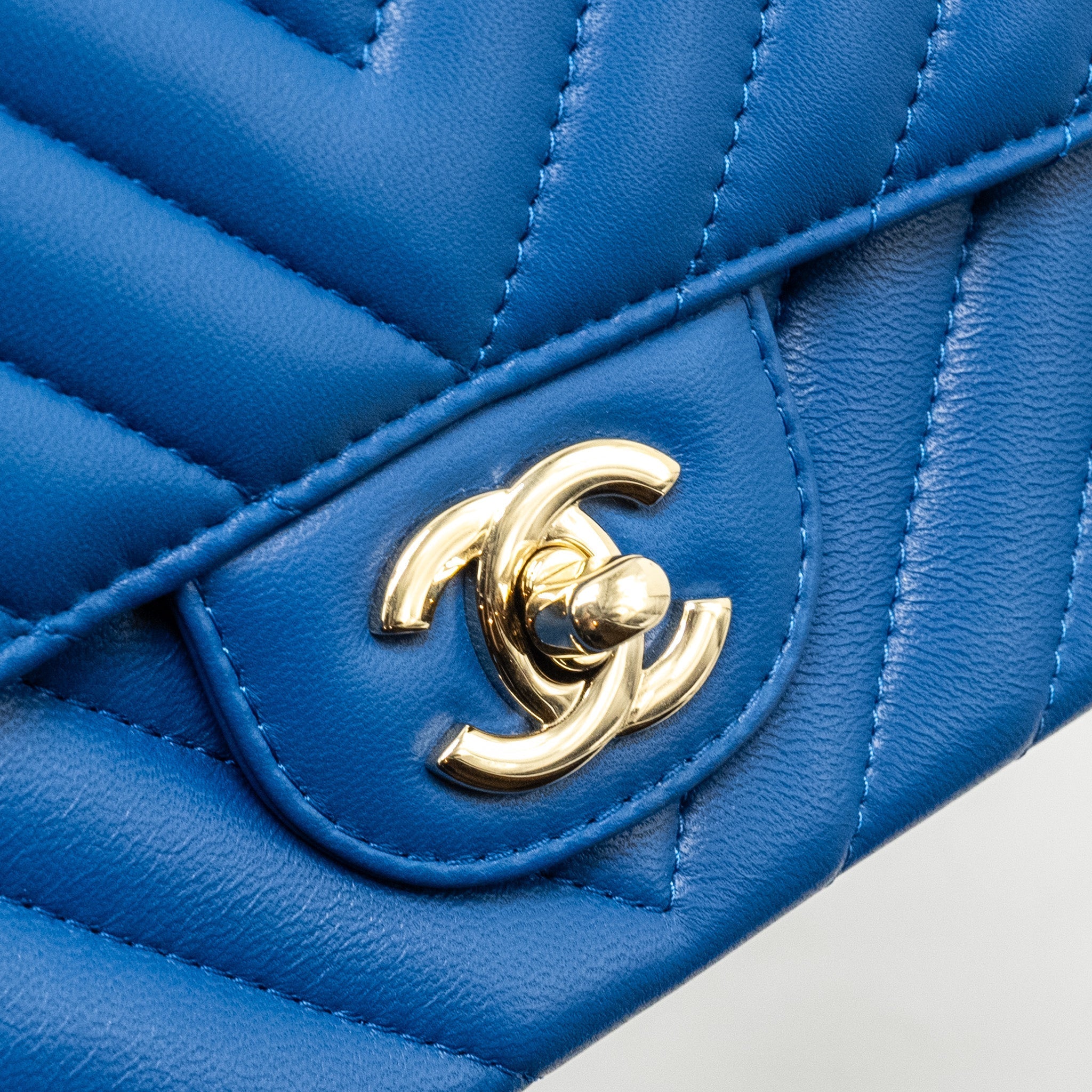 CHANEL MINI RECTANGULAR FLAP BAG CHEVRON LAMBSKIN BLUE LGHW