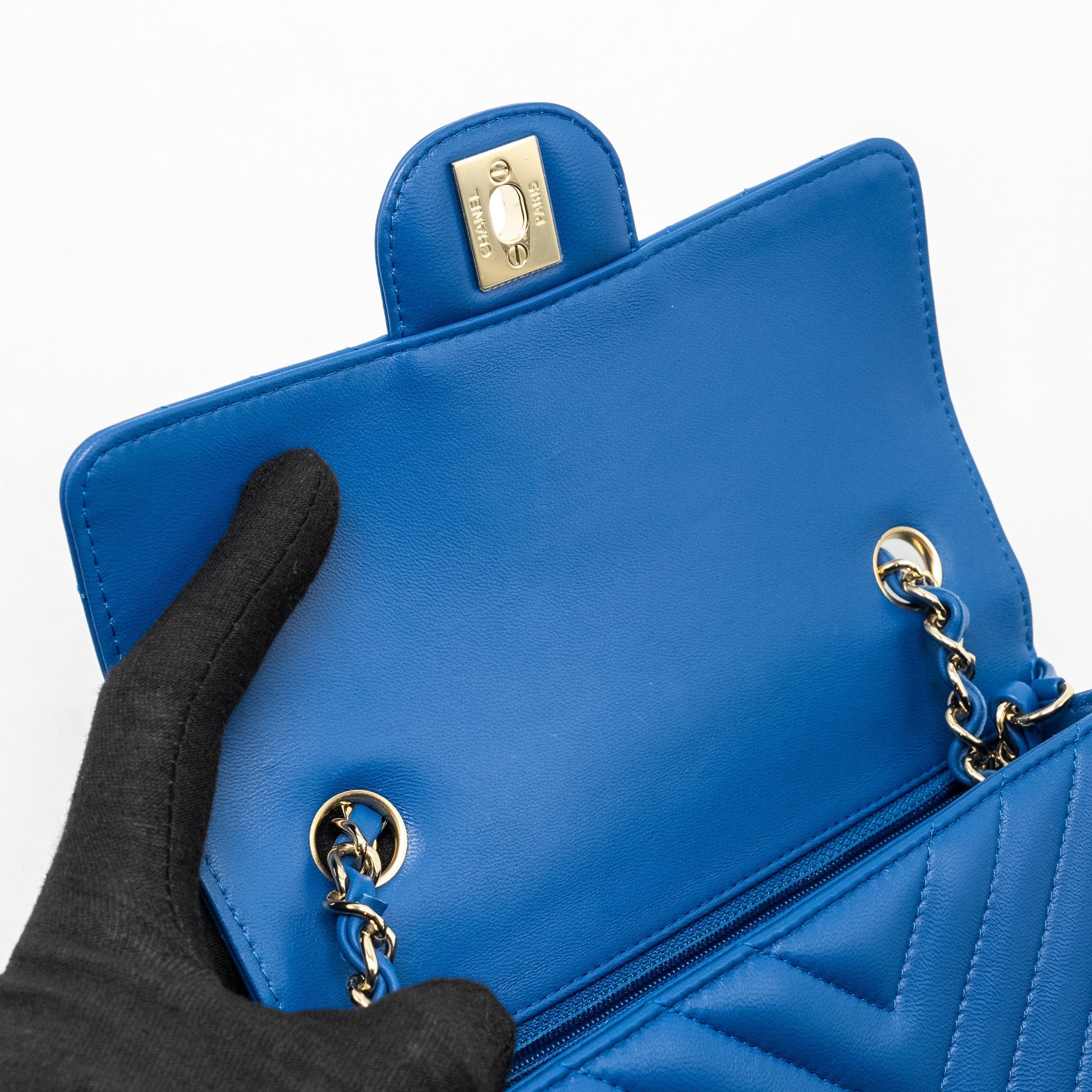 CHANEL MINI RECTANGULAR FLAP BAG CHEVRON LAMBSKIN BLUE LGHW