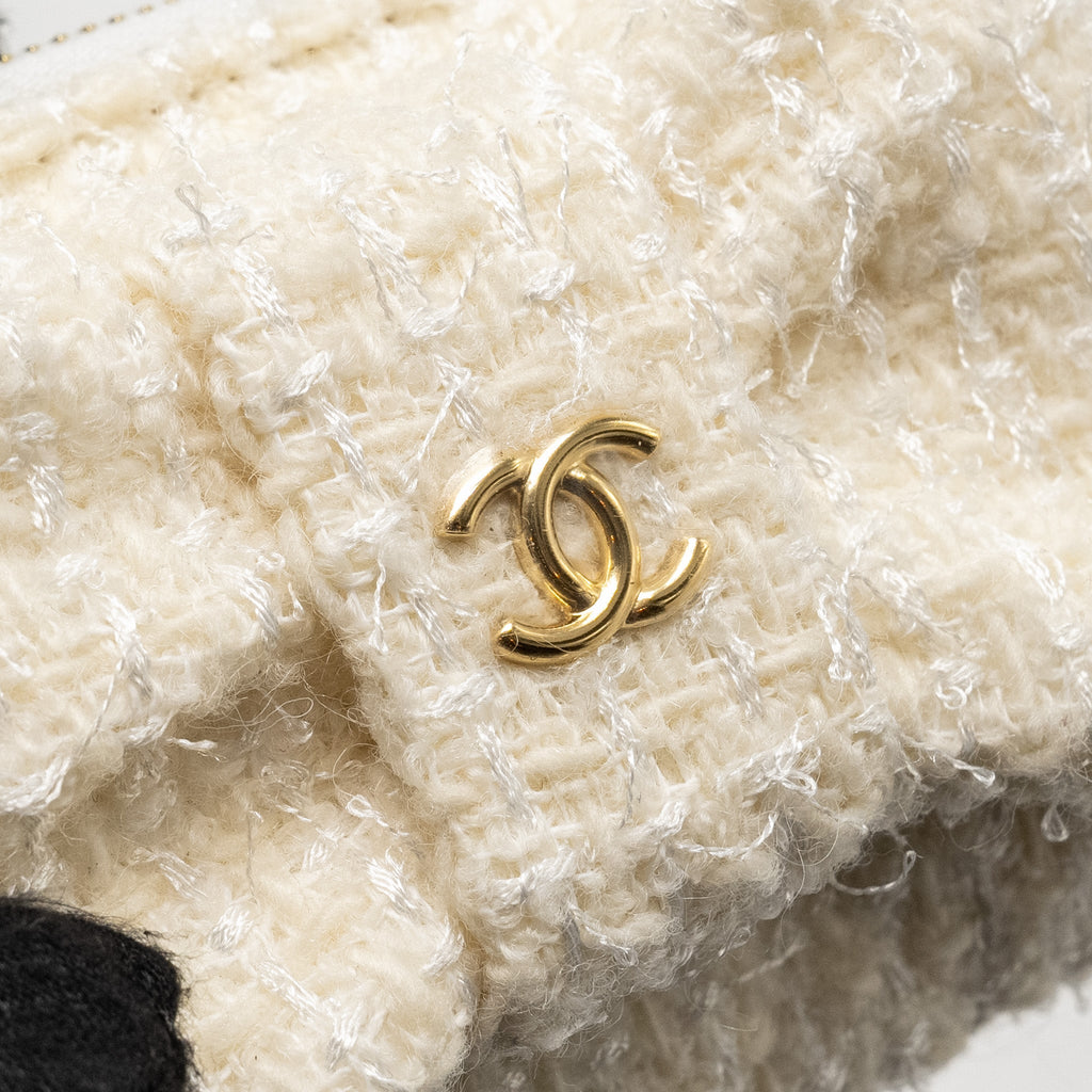 CHANEL MINI BOW CARD HOLDER WITH CHAIN TWEED WHITE LGHW (MICROCHIP)