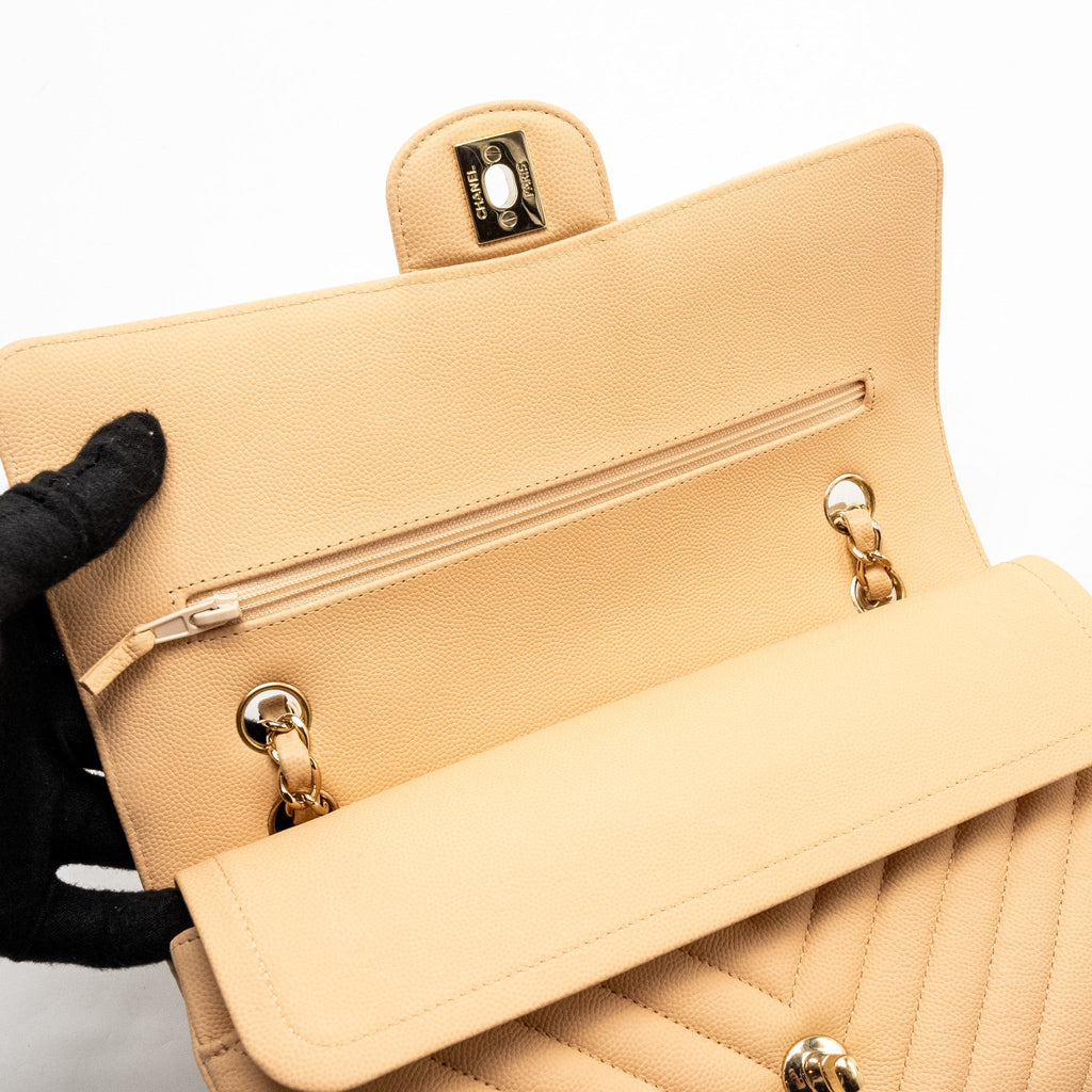 CHANEL MEDIUM CLASSIC DOUBLE FLAP BAG CHEVRON CAVIAR BEIGE LGHW