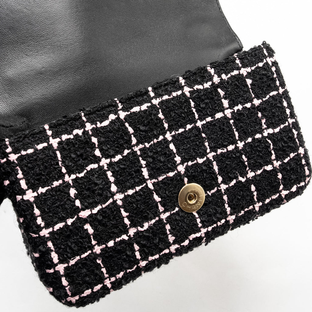 CHANEL 23K FLOWER BOMB MINI RECTANGULAR FLAP BAG TWEED BLACK/PINK LGHW (MICROCHIP)