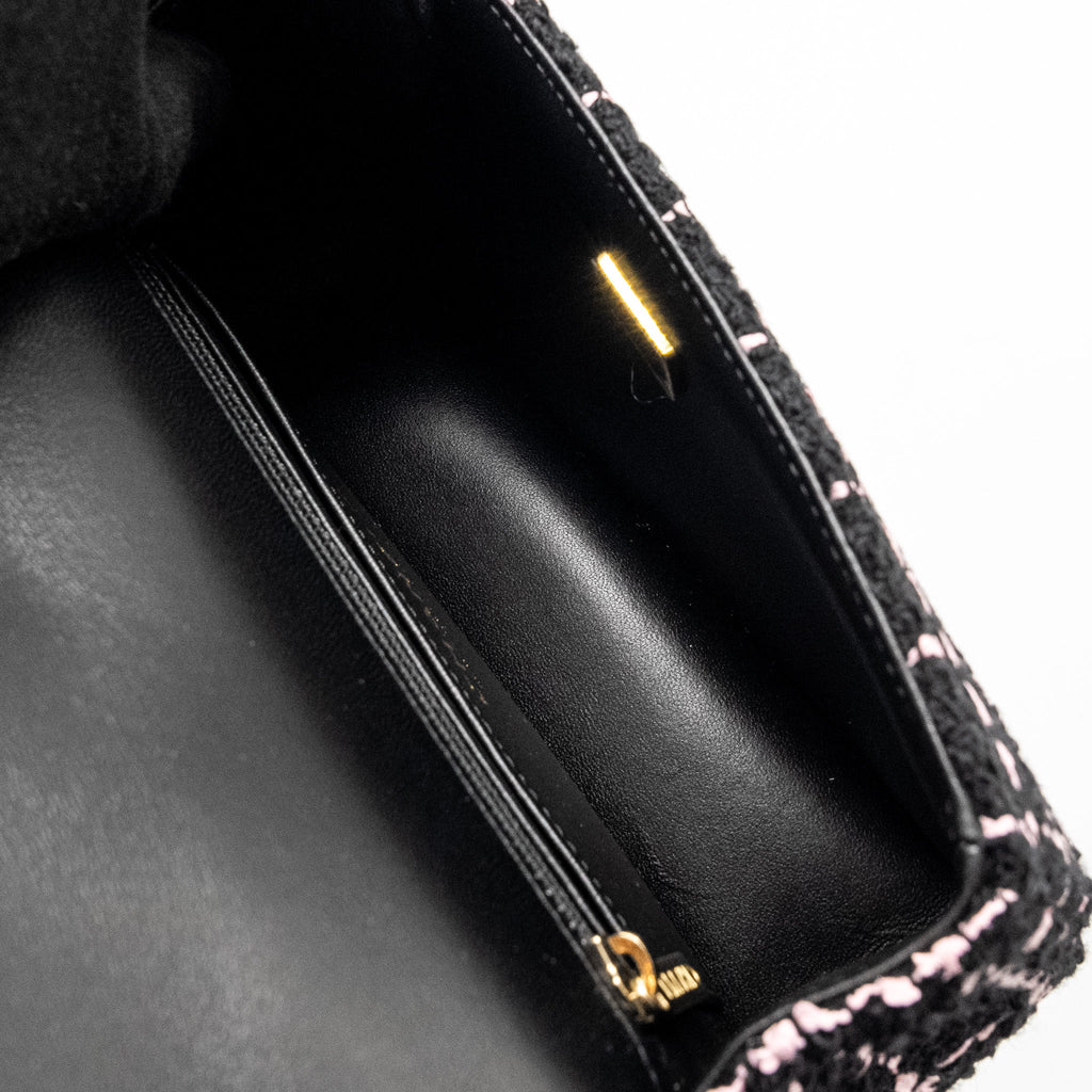CHANEL 23K FLOWER BOMB MINI RECTANGULAR FLAP BAG TWEED BLACK/PINK LGHW (MICROCHIP)