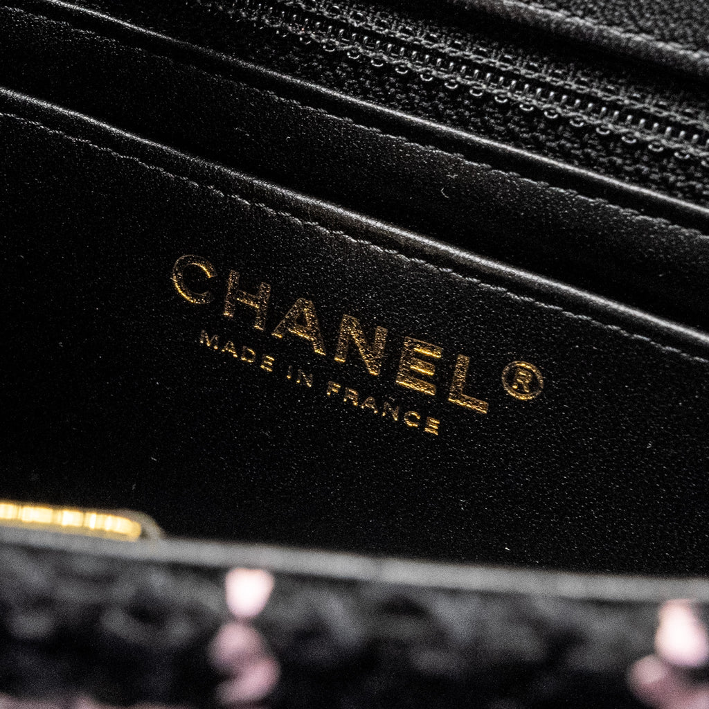 CHANEL 23K FLOWER BOMB MINI RECTANGULAR FLAP BAG TWEED BLACK/PINK LGHW (MICROCHIP)