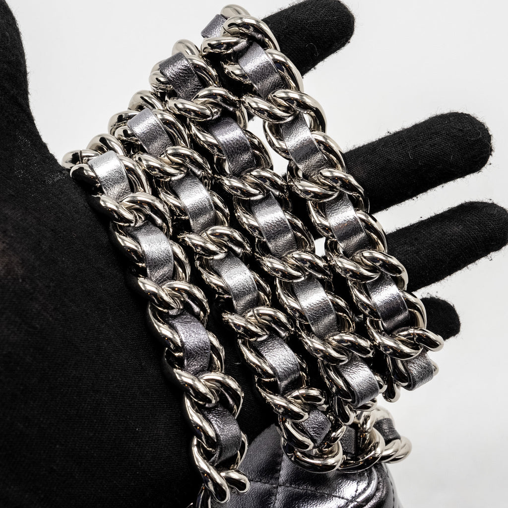 CHANEL MINI QUILTED VANITY WITH GIANT CHAIN LAMBSKIN METALLIC GREY SHW