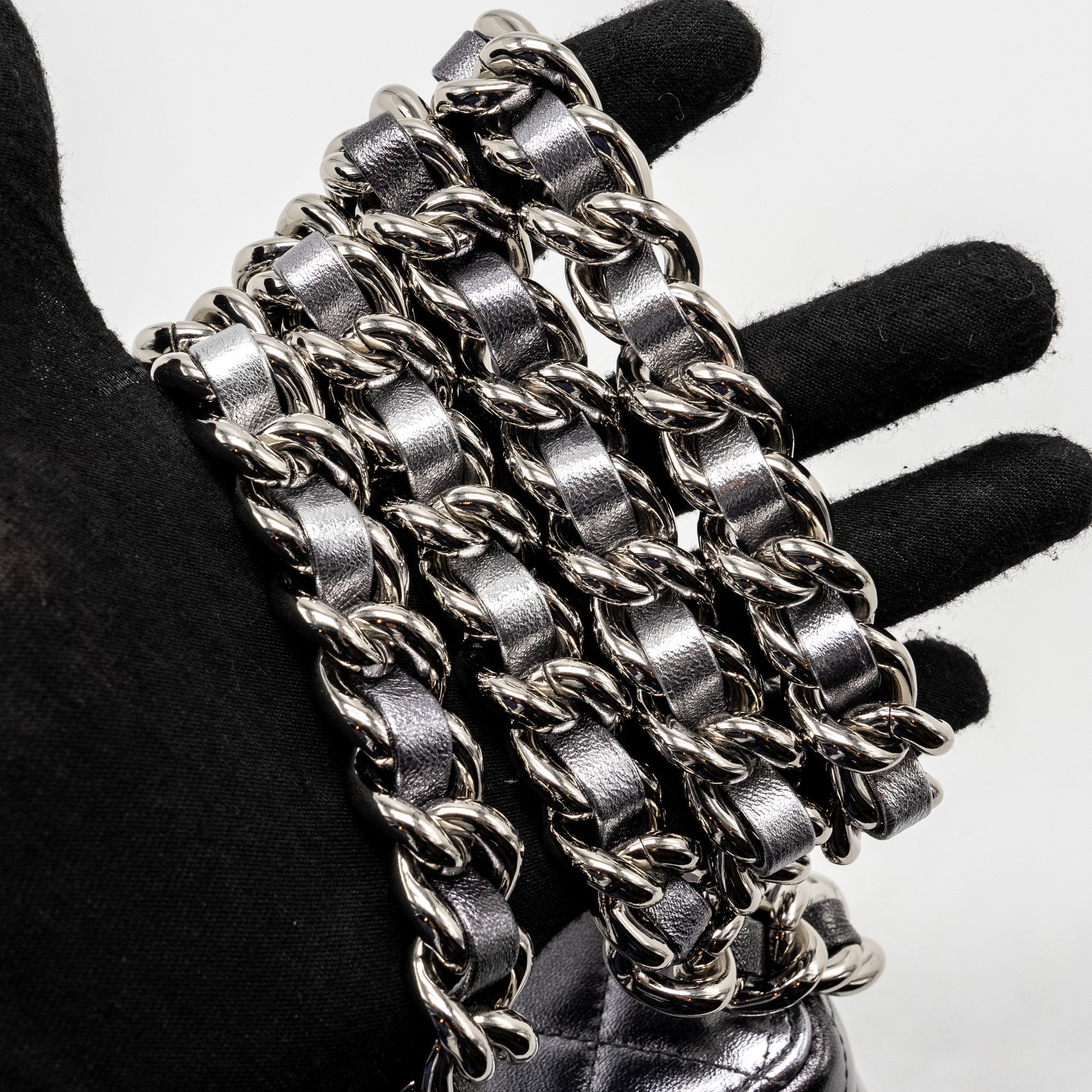 CHANEL MINI QUILTED VANITY WITH GIANT CHAIN LAMBSKIN METALLIC GREY SHW