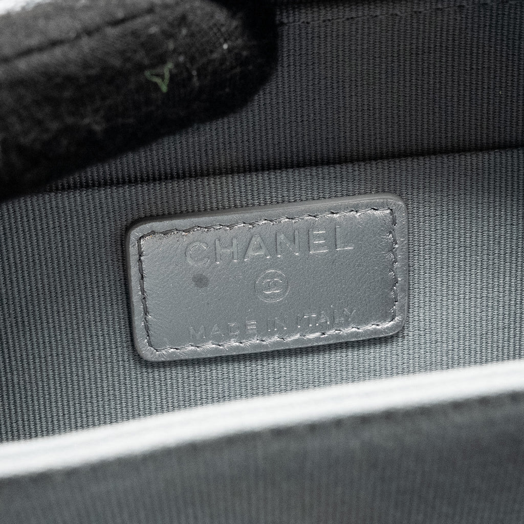 CHANEL MINI QUILTED VANITY WITH GIANT CHAIN LAMBSKIN METALLIC GREY SHW