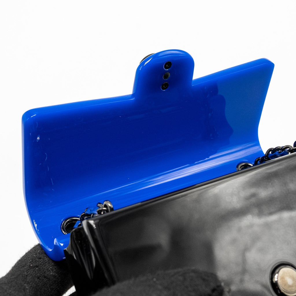 CHANEL 21K PLEXI FLAP EVENING BAG BLUE/BLACK WITH BLACK HARDWARE (MICROCHIP)