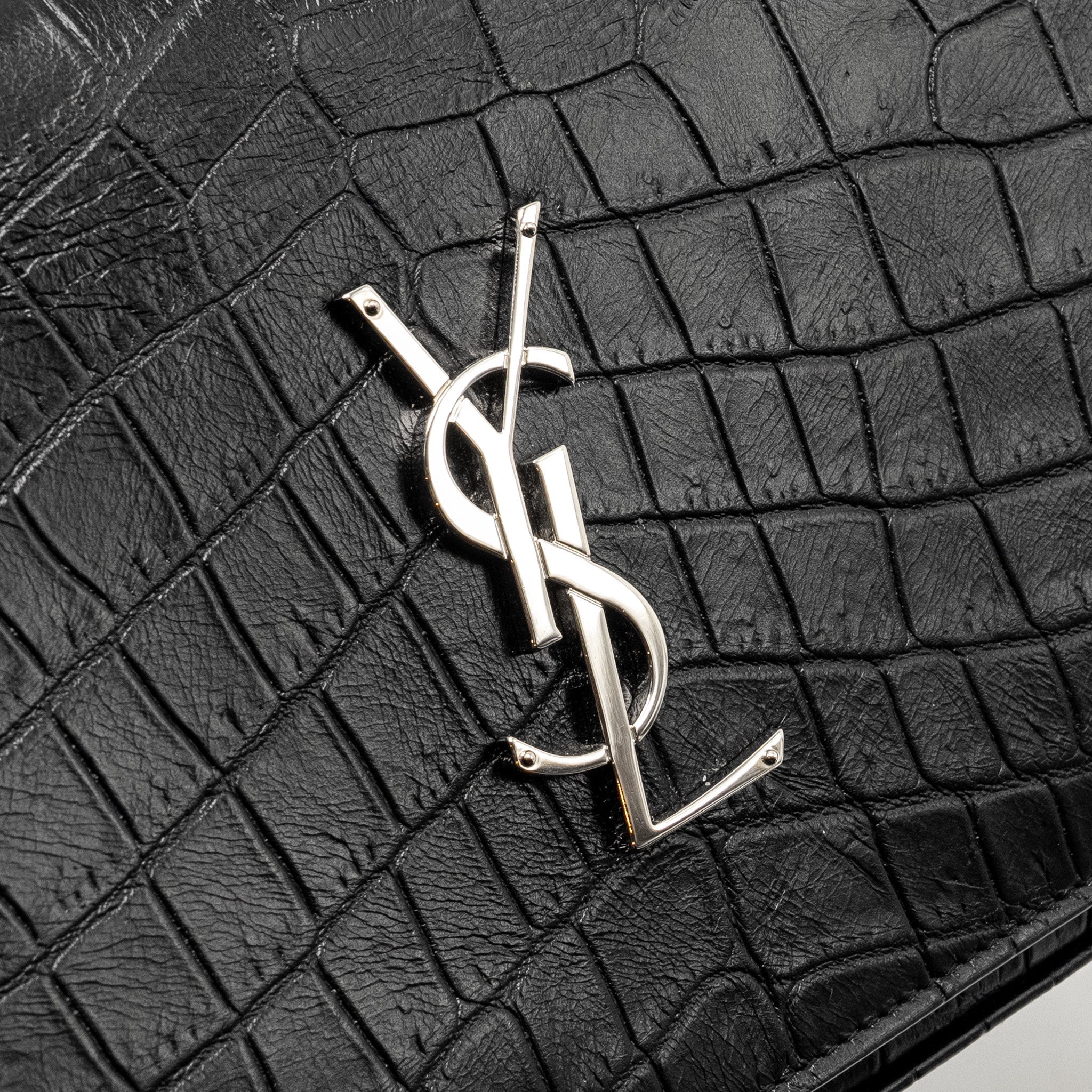 SAINT LAURENT / YSL CLASSIC CHAIN WALLET CROC-EMBOSSED CALFSKIN BLACK SHW