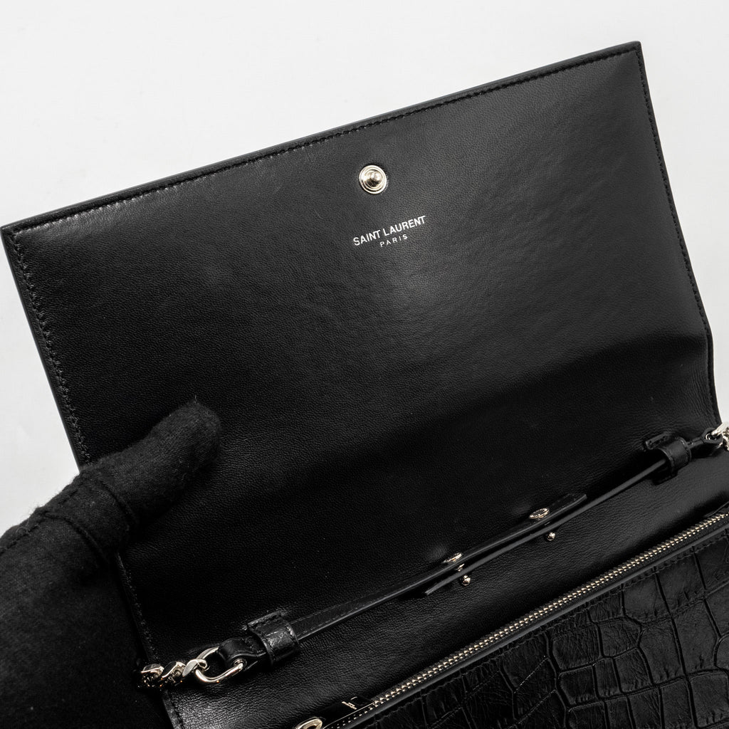 SAINT LAURENT / YSL CLASSIC CHAIN WALLET CROC-EMBOSSED CALFSKIN BLACK SHW