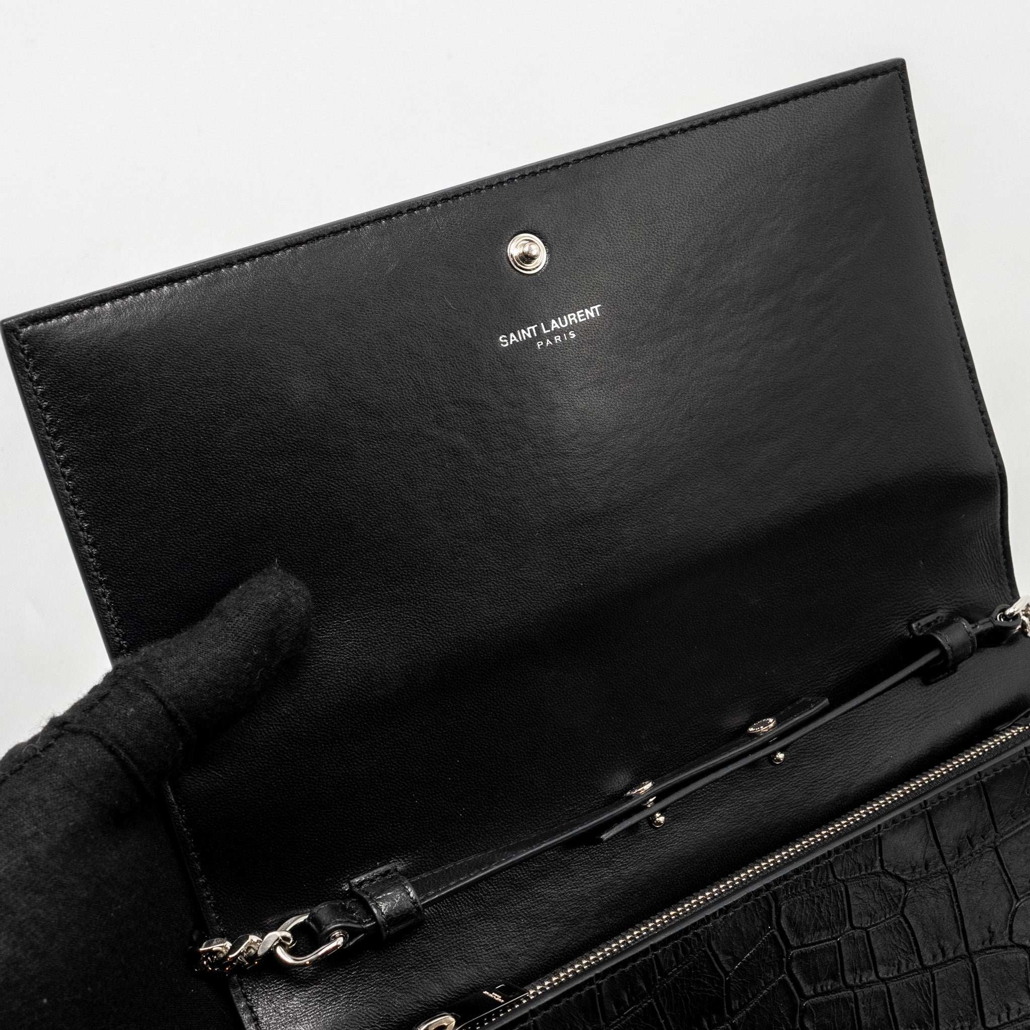 SAINT LAURENT / YSL CLASSIC CHAIN WALLET CROC-EMBOSSED CALFSKIN BLACK SHW