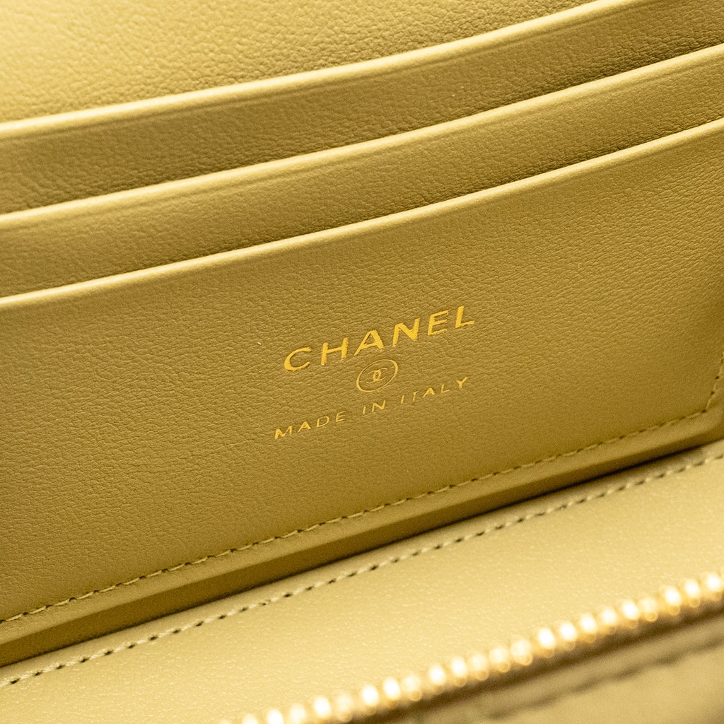 CHANEL COCO LETTER LONG VANITY WITH CHAIN LAMBSKIN GREEN GHW (MICROCHIP)