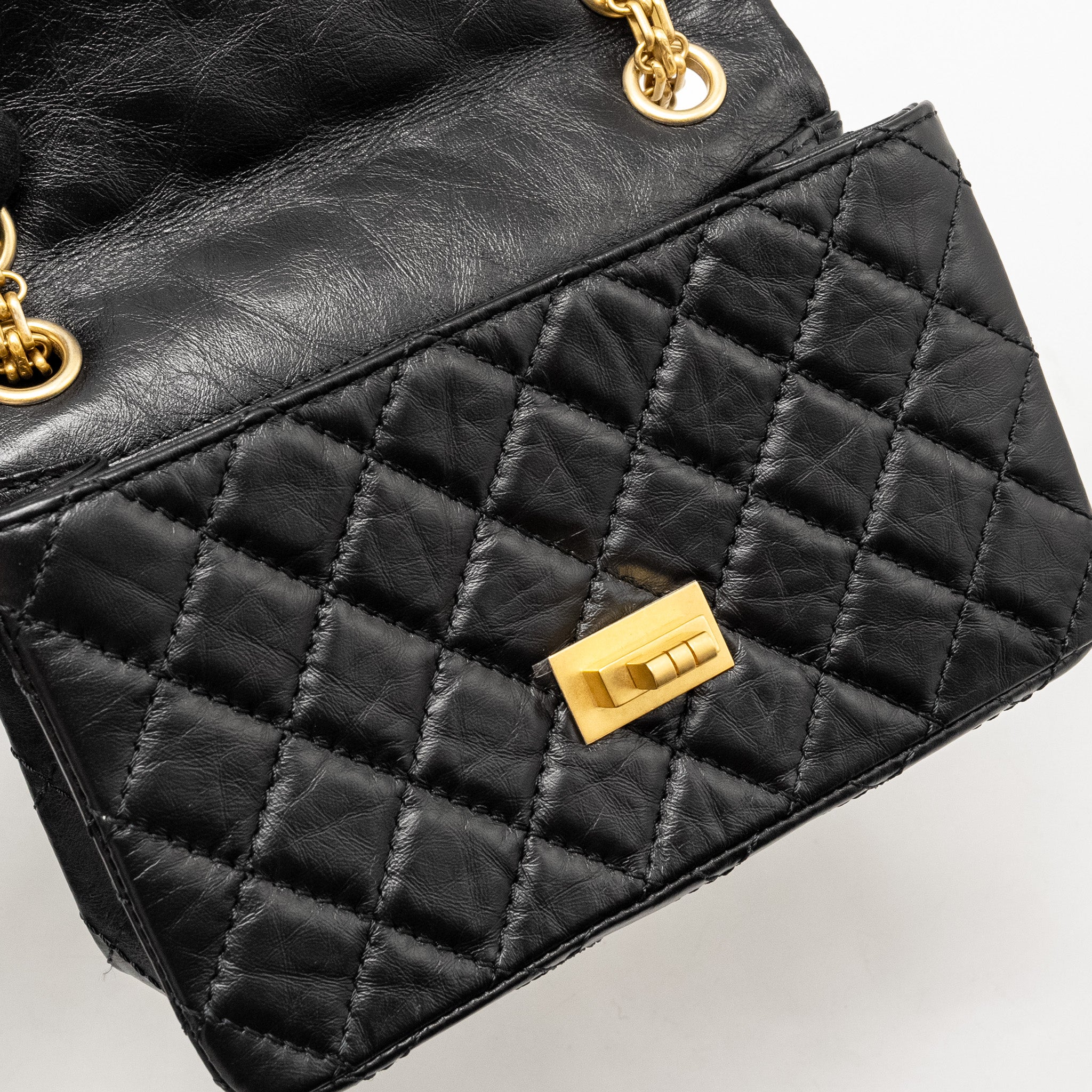 CHANEL MINI 2.55 REISSUE FLAP BAG AGED CALFSKIN BLACK BRUSHED GHW (MICROCHIP)