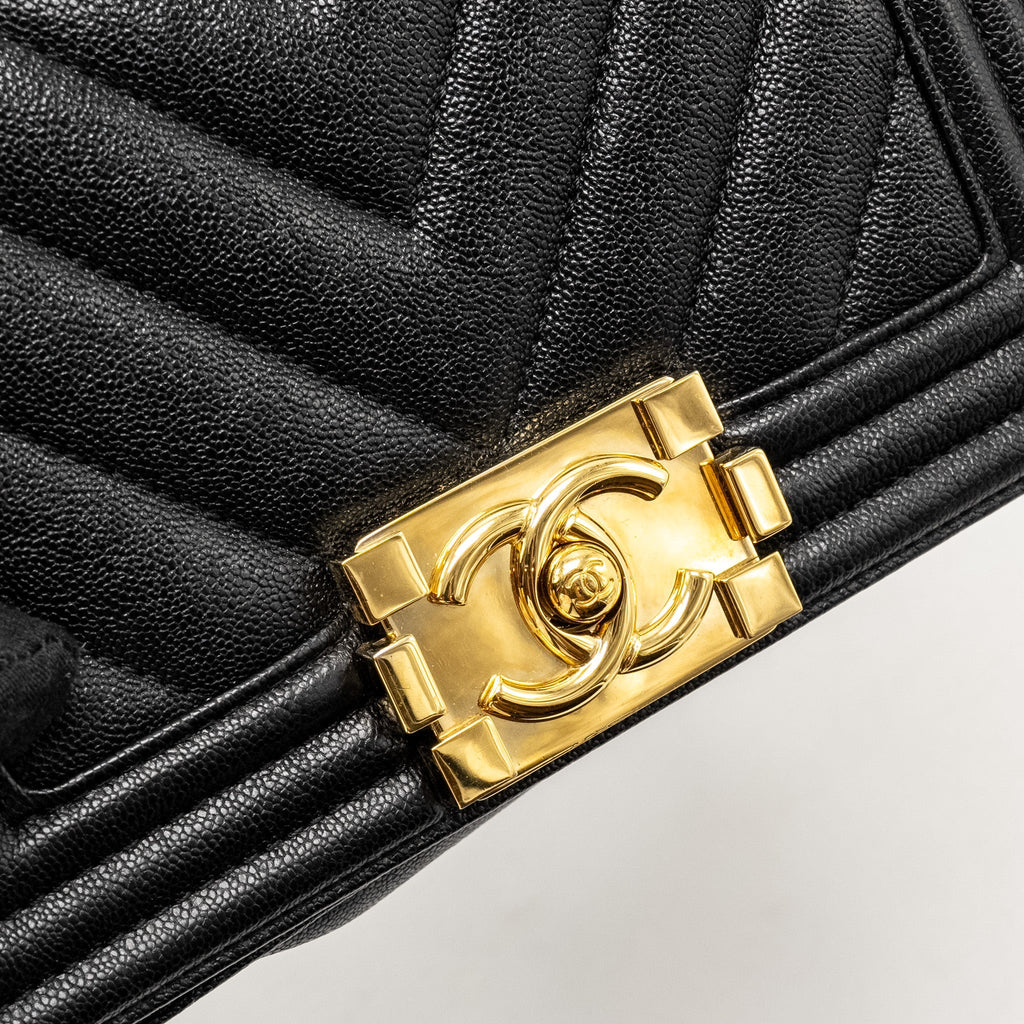 CHANEL CHEVRON SMALL BOY BAG CAVIAR BLACK GHW