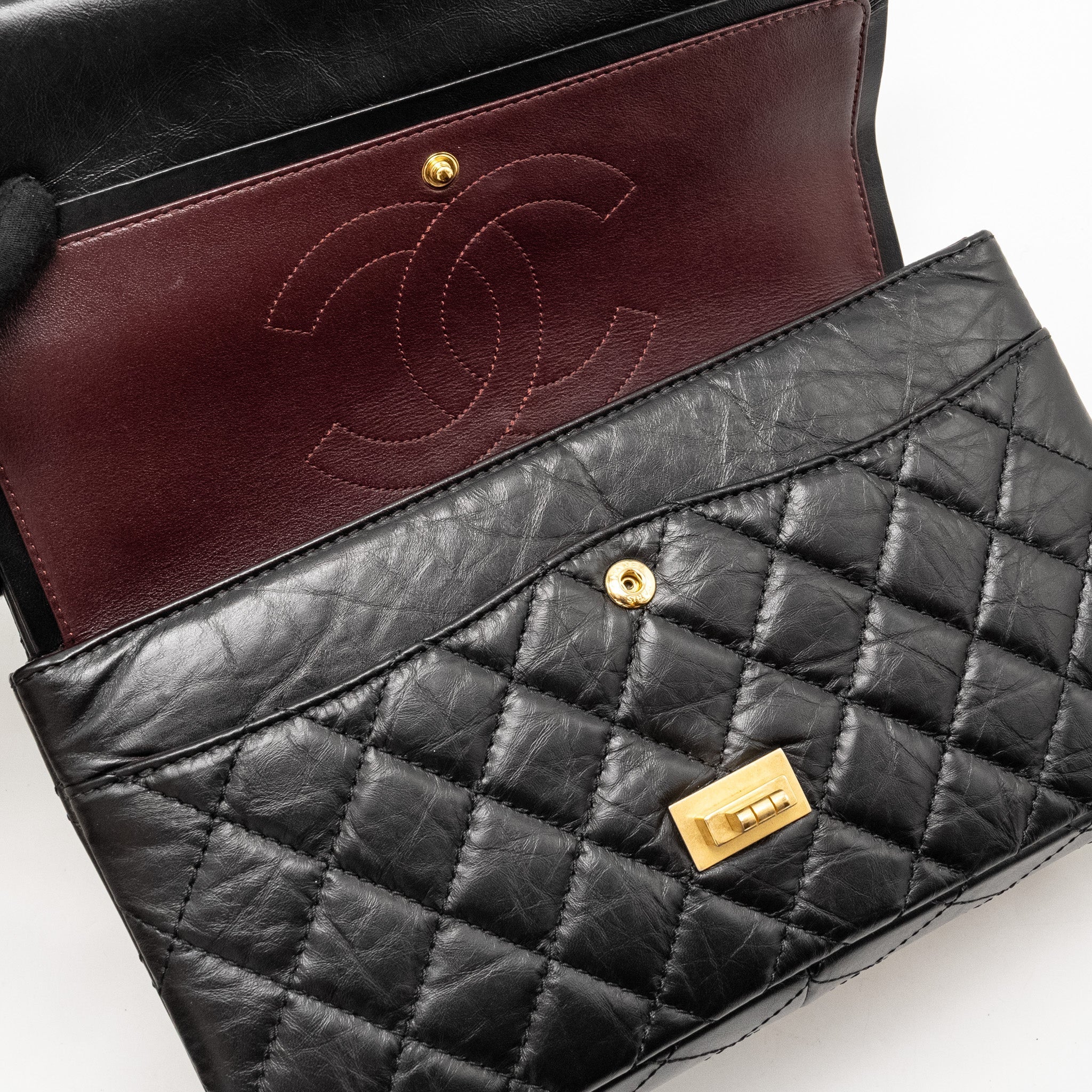 CHANEL LARGE 2.55 REISSUE FLAP BAG AGED CALFSKIN BLACK GHW