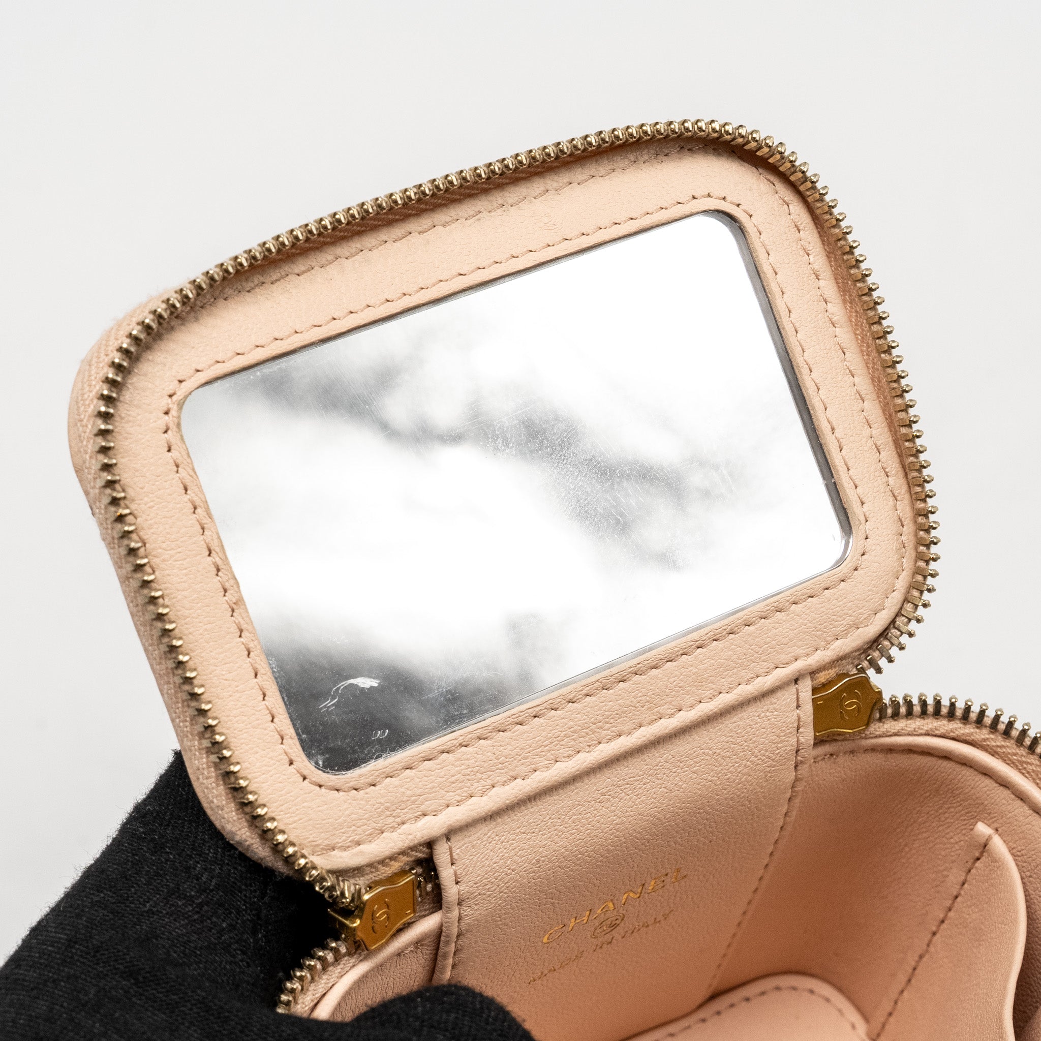 CHANEL MINI VANITY CASE WITH CAMELLIA ADJUSTABLE CHAIN LAMBSKIN BEIGE GHW (MICROCHIP)