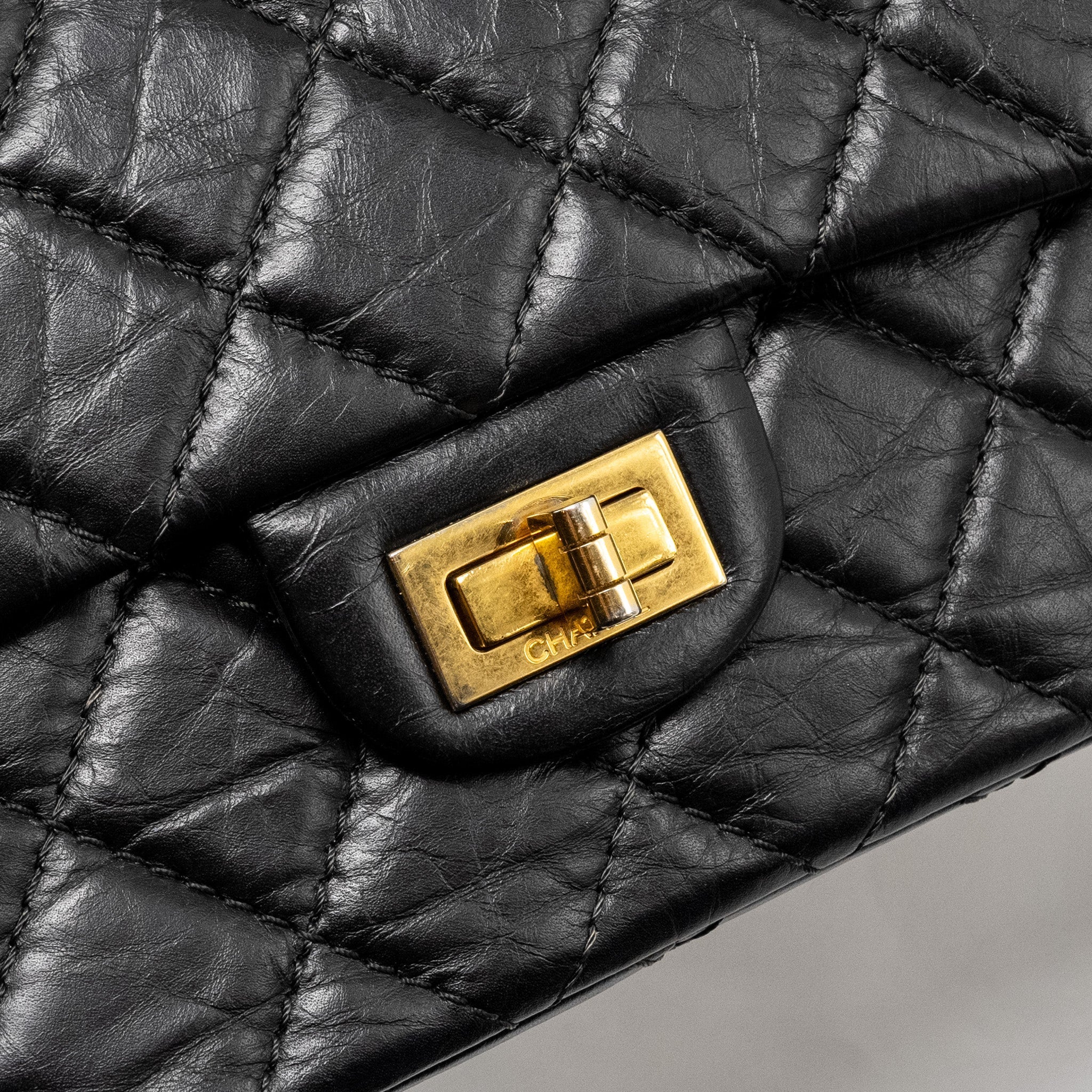 CHANEL LARGE 2.55 226 REISSUE DOUBLE FLAP BAG AGED CALFSKIN BLACK GHW