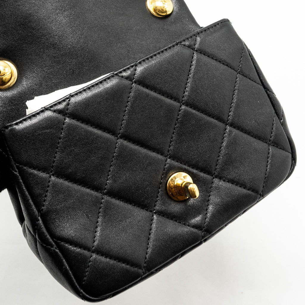 CHANEL 23C ROUND HANDLE MINI SQUARE FLAP BAG LAMBSKIN BLACK GHW (MICROCHIP)
