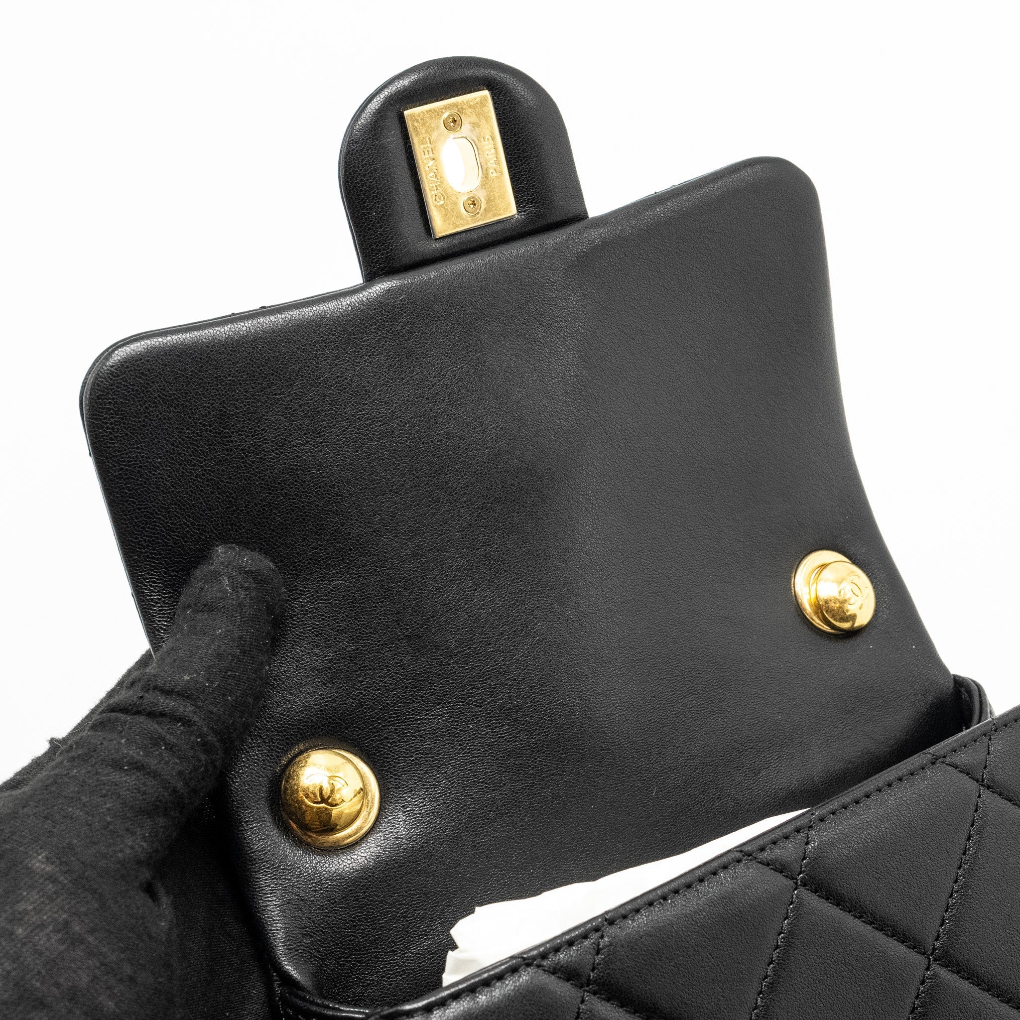 CHANEL 23C ROUND HANDLE MINI SQUARE FLAP BAG LAMBSKIN BLACK GHW (MICROCHIP)