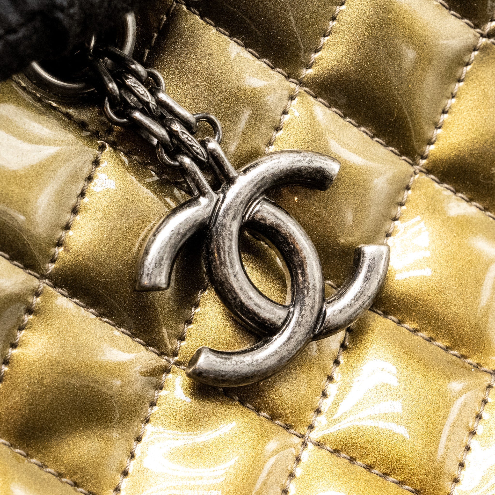 CHANEL JUST MADEMOISELLE BOWLING BAG PATENT METALLIC GOLD / SILVER SHW