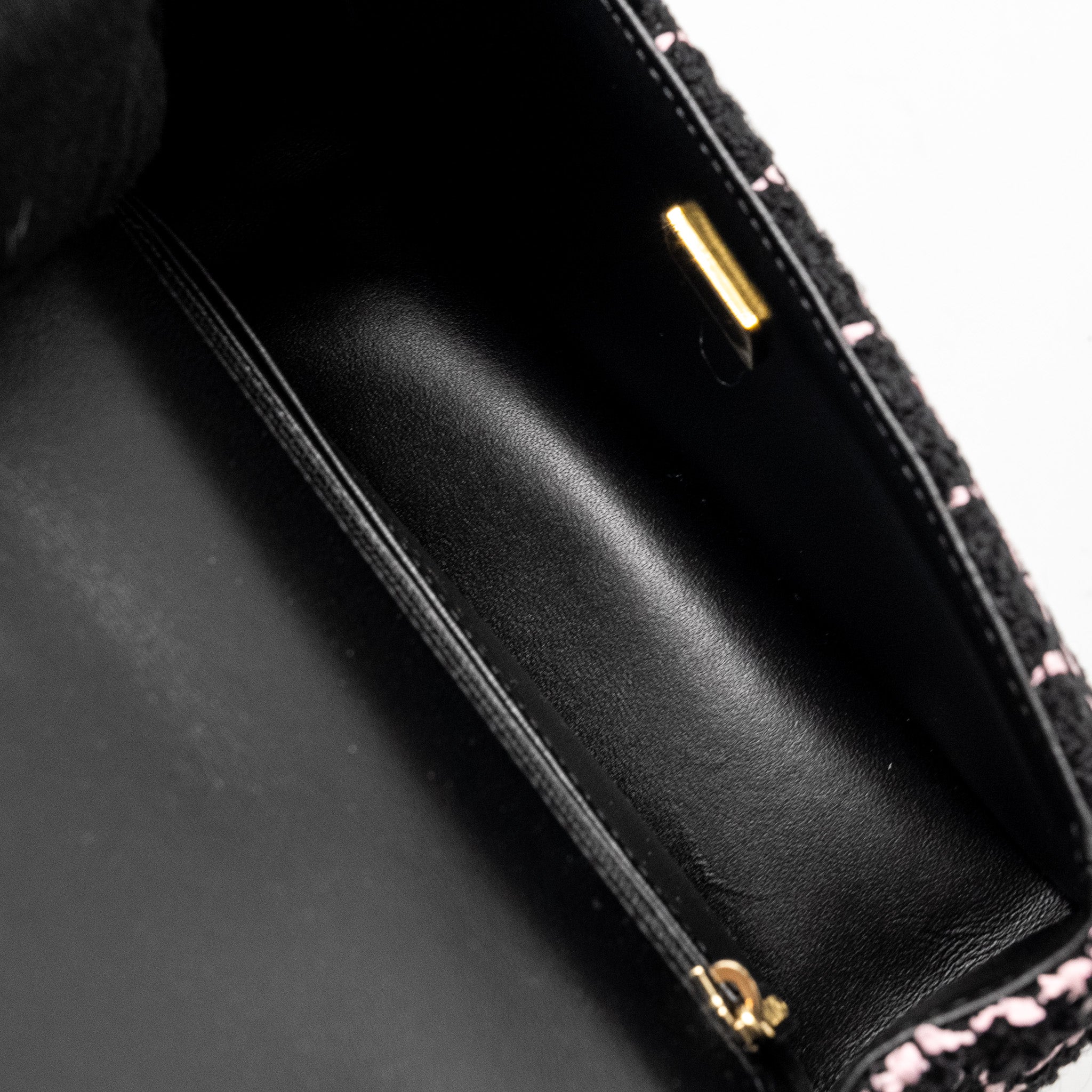 CHANEL 23K FLOWER BOMB MINI RECTANGULAR FLAP BAG TWEED BLACK / PINK LGHW (MICROCHIP)