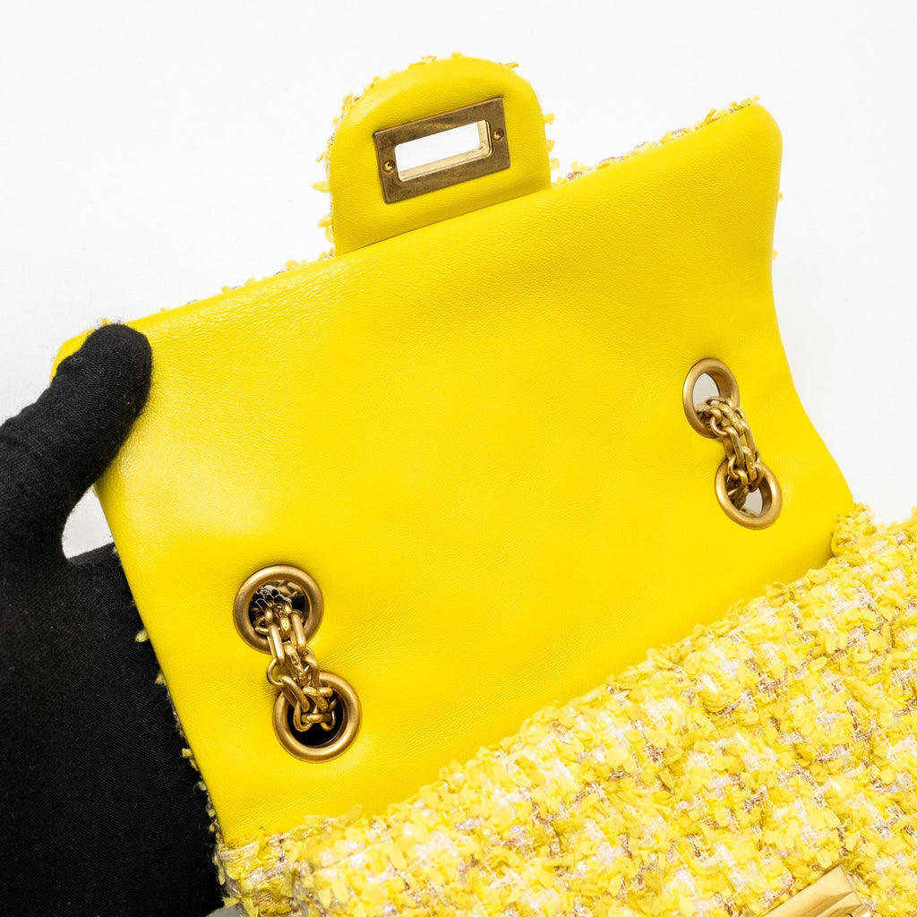 CHANEL MINI 2.55 REISSUE FLAP BAG TWEED YELLOW GHW