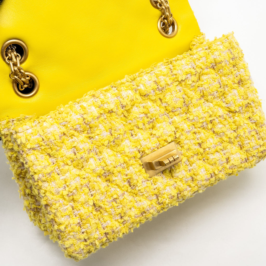 CHANEL MINI 2.55 REISSUE FLAP BAG TWEED YELLOW GHW