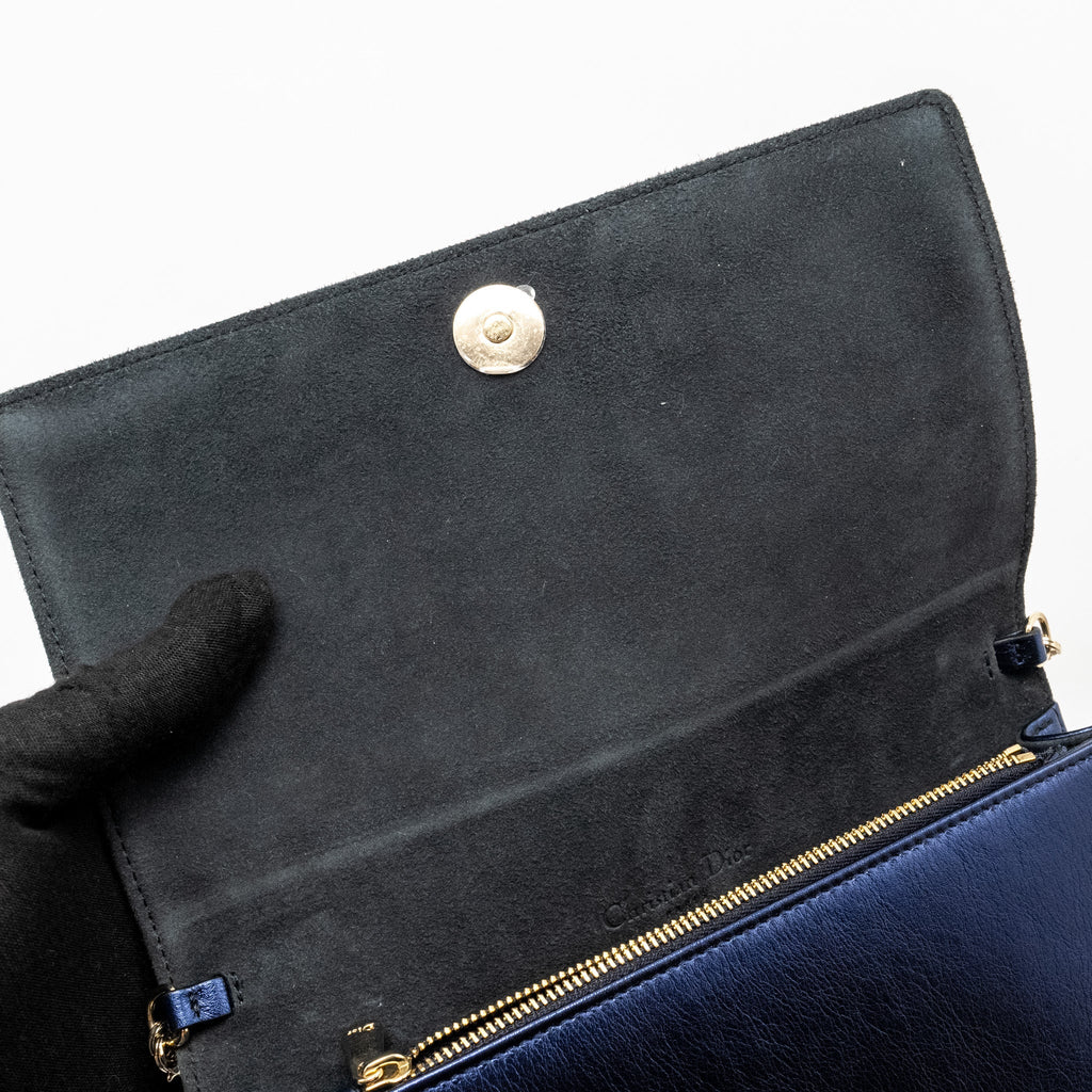 DIOR LADY DIOR POUCH CANNAGE WALLET ON CHAIN LAMBSKIN BLUE LGHW